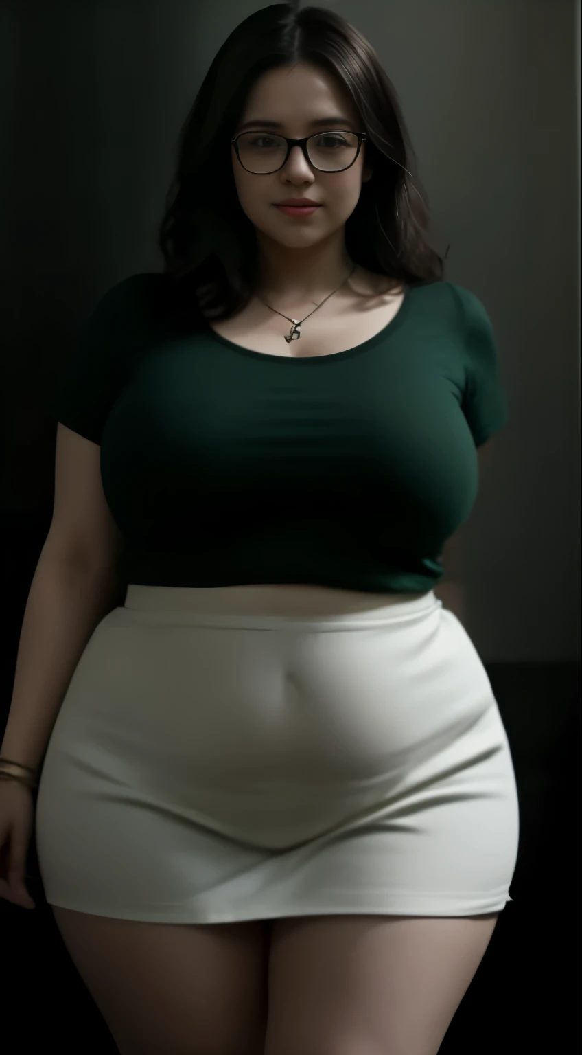 ((best quality)), ((masterpiece)), (detailed), perfect face, araffe woman in a long dark green shirt and 1/3 white denim skirt walking in black room , thicc,  wavy  short hair , she has a jiggly fat round belly, bbwchan, wearing tight simple clothes, skinny waist and thick hips, widest hips, her belly is fat and round, soft curvy shape, hyperrealistic full figure, wearing a cute top, wide hips, wearing 10 bracelet , wearing huge diamond necklace , slightly fat cheeks , glasses 