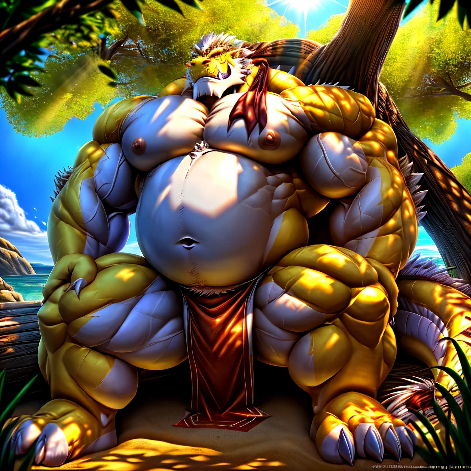 shendu, eastern dragon king, male dragon, eastern dragon, very big muscles, hulking, extremely strong, big abdominal muscles, hefty musclegut, pecs, muscular dad body, Strong and robust musclegut , strong abs, sharp claws, dragon feet claw, full body, loincloth, one piece, HDR, nipples, sunlight, daylight, outdoor, bright , sunshine, at noon, fighting pose, good weather,  8k, best quality .