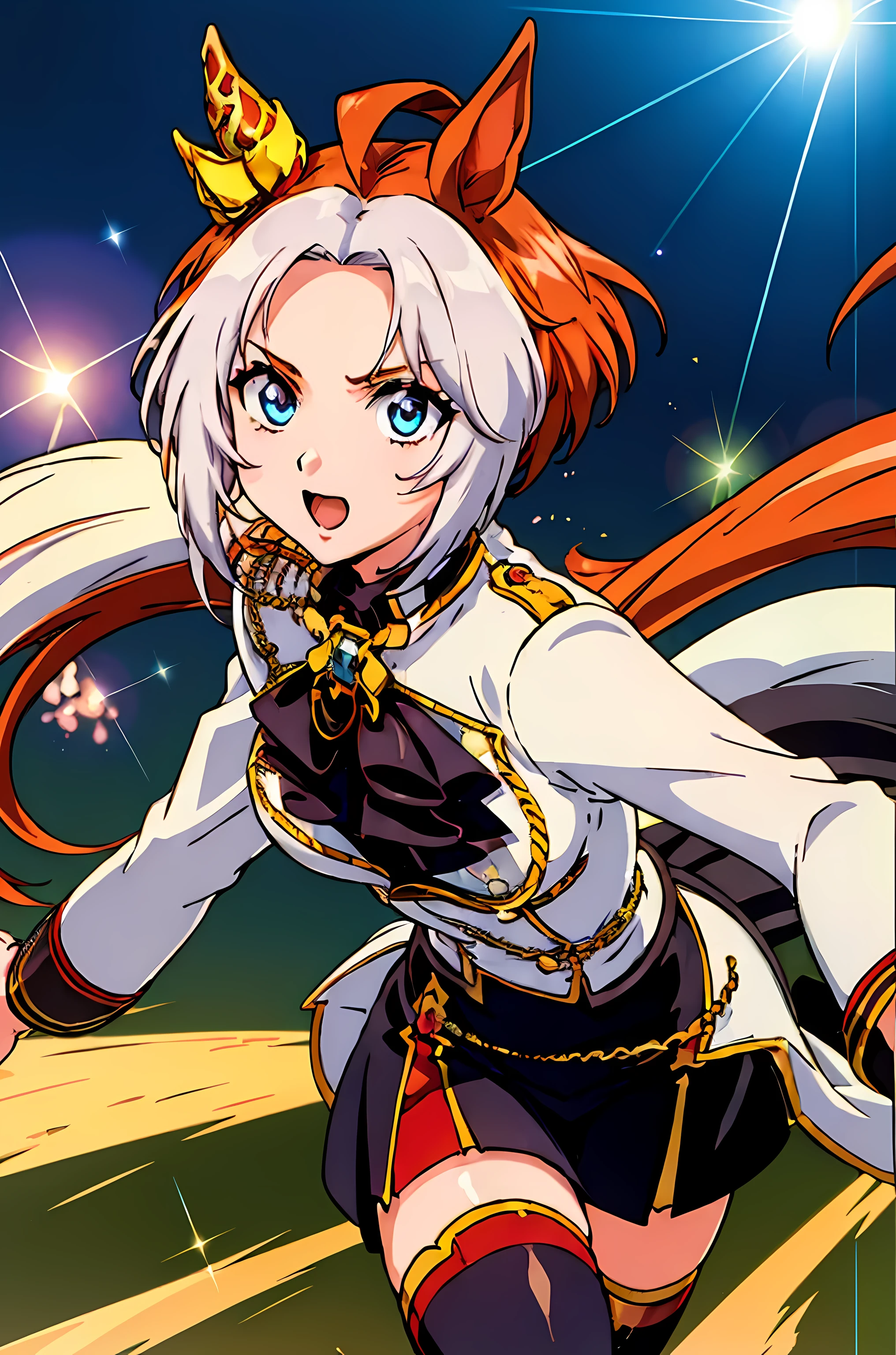 (highest quality:1.3),(ultra-be familiar with:1.5),High resolution,extremely be familiar with CG,unity 8k wallpaper,official art,be familiar with,super be familiar with skin,perfect anatomy,beautiful be familiar with eyes,(anime screenshot:1.11),very delicate and beautiful,(90s anime,90s anime style,cel shaded anime:1.17),1 girl,alone, anmnr,((orfevre \(umamusume\):1.52)),(crown:1.7), jewelry, bowtie, Jacket, epaulettes, long sleeve, black gloves, white gloves, red bow, black skirt, Thighhighs, skirt, bow, (shining eyes),blends well with the eye,blends well with the eye,focus of the eye,(Carefully crafted brilliance, sky blue lens flare:1.7),(expression of joy:1.51),octane rendering,rainbow paint drop,Woman made of paint,Full Paint,(movie background),splat,splash,dark and blurry background,close,(best writing, very delicate and beautiful),Detailed beautiful shine,(soft light:1.2),(soft money tone lighting),Warm and soft lighting,dramatic light,((cinematic light)),ambient occlusion,ambient light,violently,powerful,Absolutely eye-catching splashes of color,((caustic)),raytraced reflections,light shines,(running:1.1), Depth of the bounds written, outdoor, (running),beautiful face, intense lighting),born, dramatic light,violence everywhere,(expression of joy:1.4), (Raging Eyes:1.2), ),spell magic, magic circle, ((Magic in your hands)),(using the magic of light:1.14),imaginative overlays, artistic fusion,fantastic scene, exciting story, impressive visuals, ((motion trajectory effect)), spiky hair,, superhero, run at lightning speed, leave traces of movement, MotionTrail, Speed Effect, Drive through the steppes, Speed Trace, Super Speed Power