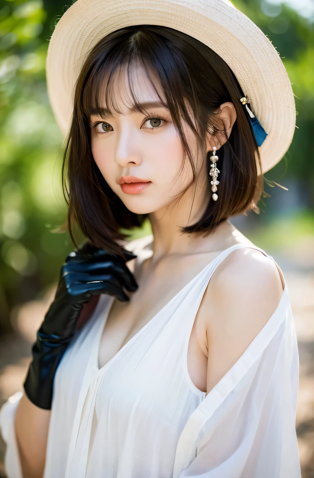 ((8K:1.27)、highest quality、masterpiece、超A high resolution:1.2)beautiful chinese woman in photo(fun:1.1) (white shirt:1.21) Designed by Greg Rutkowski and Alphonse Mucha Complex elegance、fantasy、detailed、geometry、gradient lighting、1 girl、delicate skin、looking at the viewer、brown eyes、(short hair with bangs:1.2)、(Medium chest:1.0)、(medium areola:0.8)、(realistic:1.4)、(highest quality:1.0)、(超A high resolution:1.0)、8K、RAW photo、(masterpiece:0.2)、(Pueros face_V1:0.5)、 white clothes、cowboy shot、