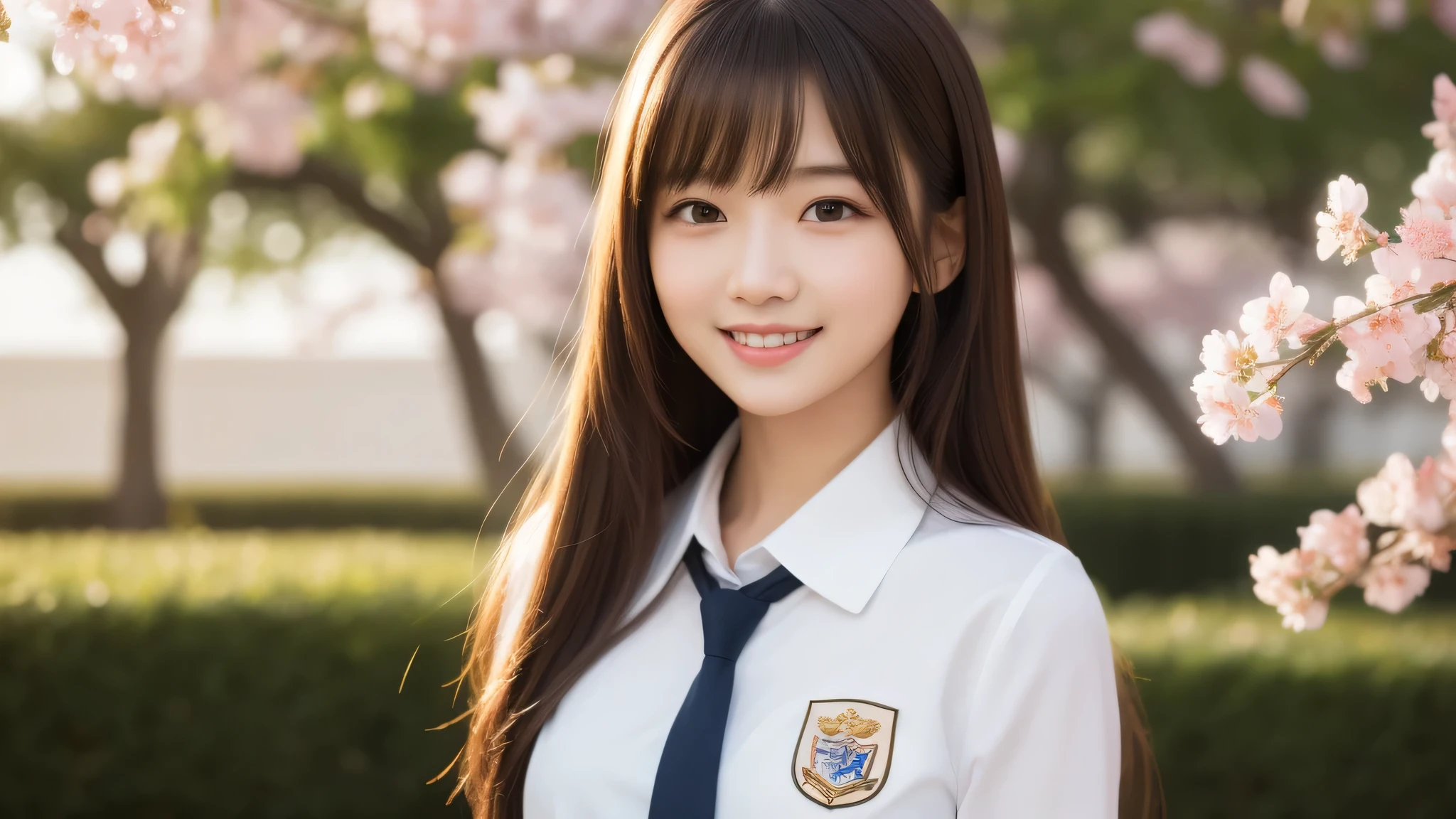 1girl, (long hair), cute smile, brown eyes, (highly detailed Beautiful face), (high school uniform:1.2), (Best Quality), (extremely detailed CG unified 8k wallpaper), Highly detailed, High-definition raw color photos, Professional Photography, Realistic portrait, evening, Extremely high resolution, smiling, cherry blossoms,