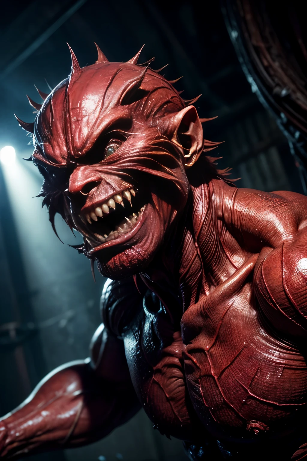 vampire super hero, dc comics, dc, movie quality, anti hero, antagonist, red helmet open at the mouth with fangs, no horns, damaged, ripped suit, blood, gashes, showing face, intricate detail, highly detailed, volumetric lighting, 4k rendering, stock photo, ultra-realistic, realistic textures, dramatic lighting, depth of field, film, (very wide angle: 1.3), dark light, wide angle INFO