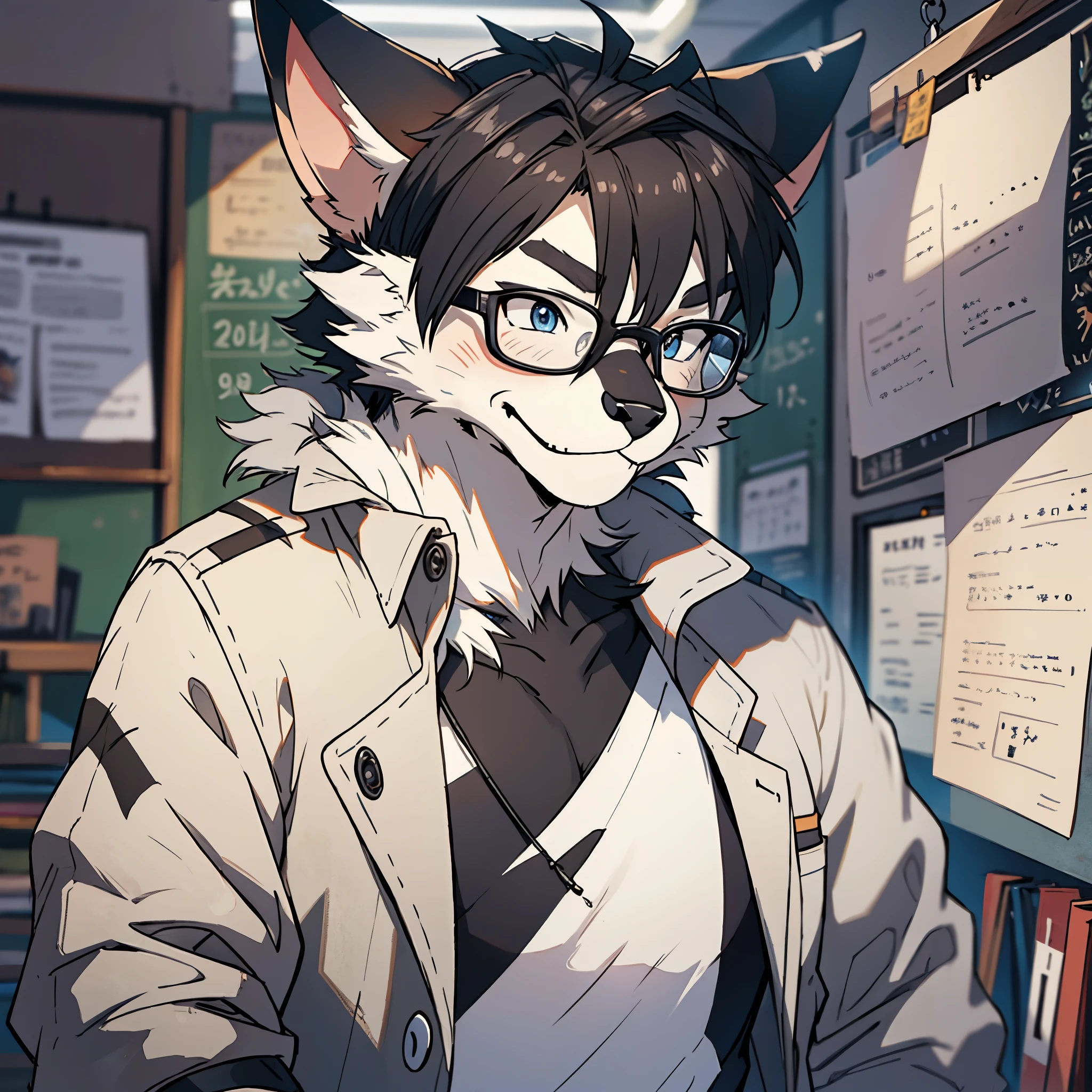 highres, paid reward available, unparalleled masterpiece, street(highly detailed beautiful face and eyes)absurdres, perfect anatomy, good lighting, volumetric lighting, cinematic shadow(angelic handsome 1boy, kemono, solo focus, single, Smiling embarrassedly, glasses)(furry anthro:1.7)(Furry body, dog facial features, dog body features)(very detailed body fur)Handouts((college professor))Dirty lab coat, class, Difficult formulas, white board,