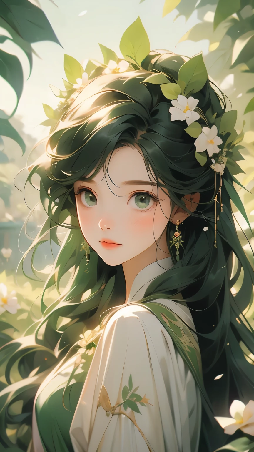 girl, faint smile，of shiny hair，green eyes，White skin，Wearing a wreath on the head，Flowers in hand，garden with many flowers