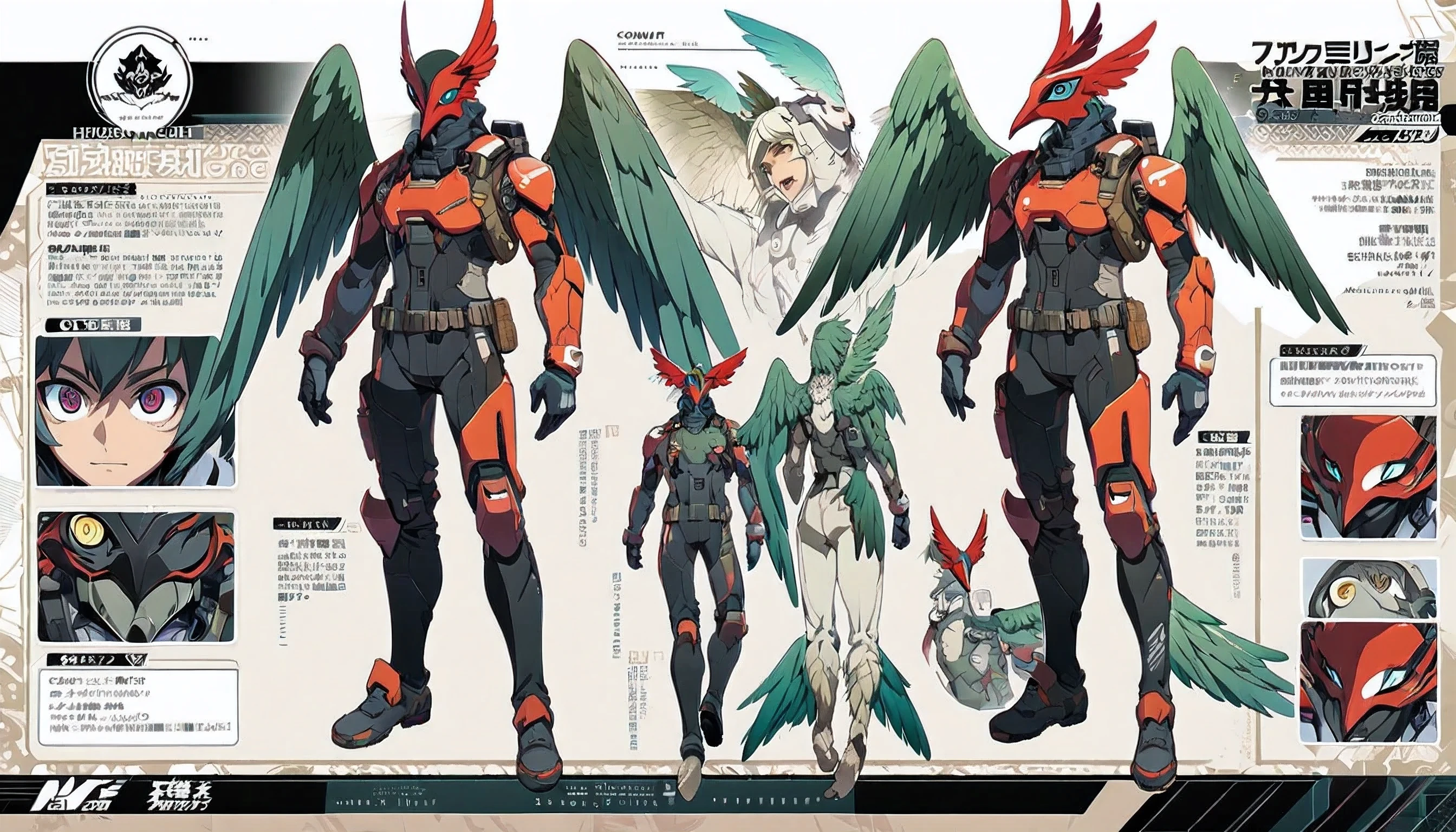 (illustration),(boy with bird mask),(combat suit),(winged human:1.3),(holding a spear),(detailed eyes),character sheet,