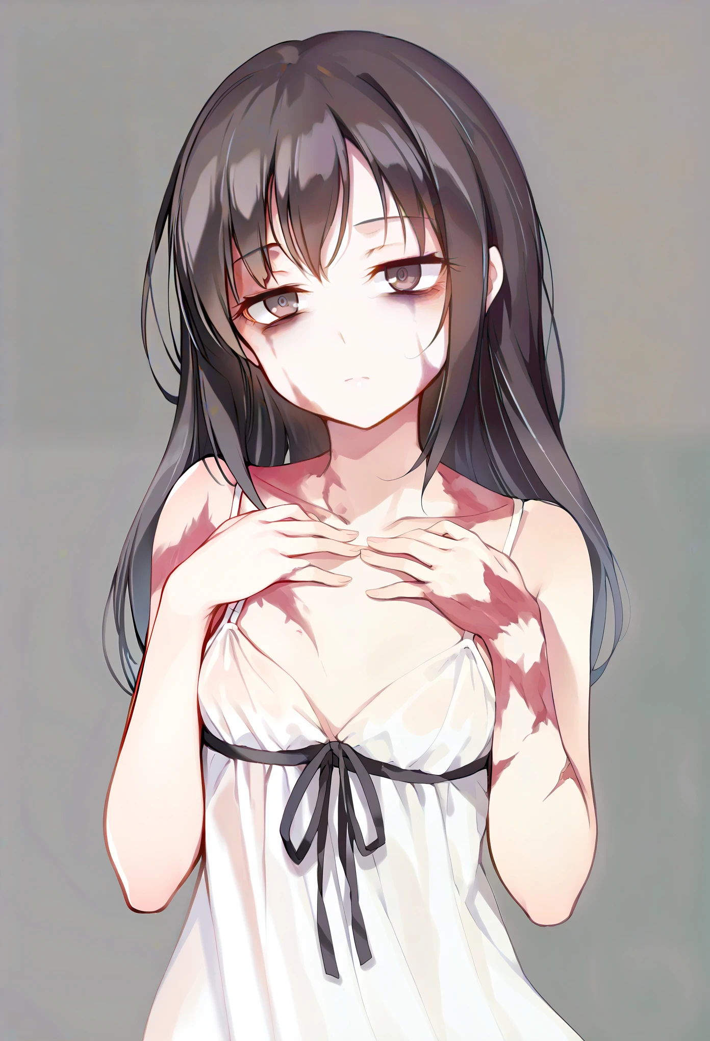 (masterpiece, best quality, absurdres), source_anime, (score_9, score_8_up, score_7_up, score_6_up, score_5_up, score_4_up), 1girl, solo, small breasts, dark black hair, long hair, messy straight hair, dark gray eyes, (scars, burn scars:1.2), neutral, bags under eyes, head tilt, chemise, white chemise dress, black dress ribbon, looking at viewer, standing, (hands on chest), sfw, upper body, gray background, simple background, soft