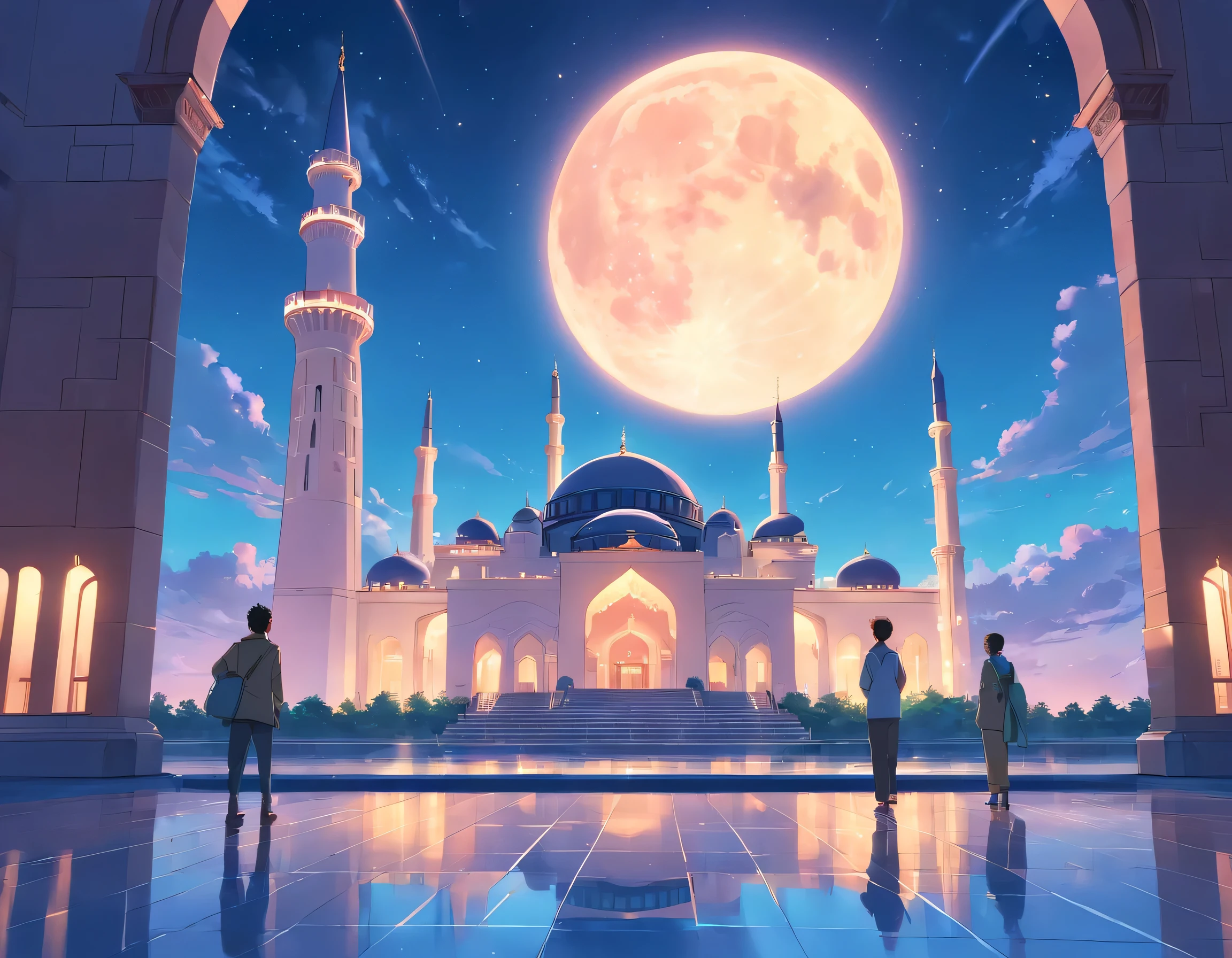 background with themes of Ramadan, mosque, bright moon, peaceful vibes