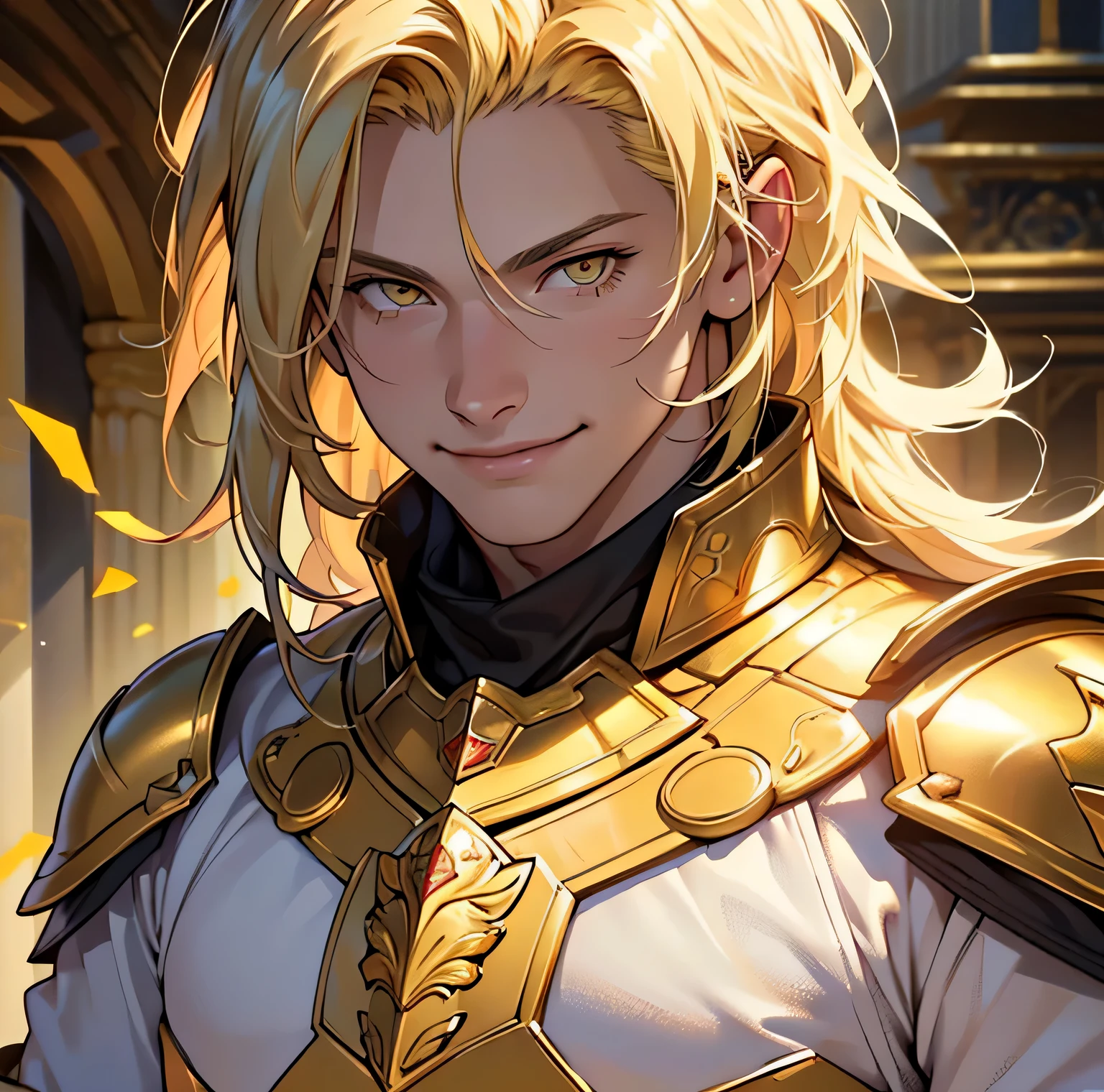 (best quality,realistic,highres:1.2) (best quality, 4k, 8k, high resolution, masterpiece: 1.2), ultra-detailed, male, a young man with fair skin, medium blonde hair, dressed in golden armor with straight hair. anatomically correct. bright golden yellow eyes, temple environment, sarcastic smile on face. age of sixteen.