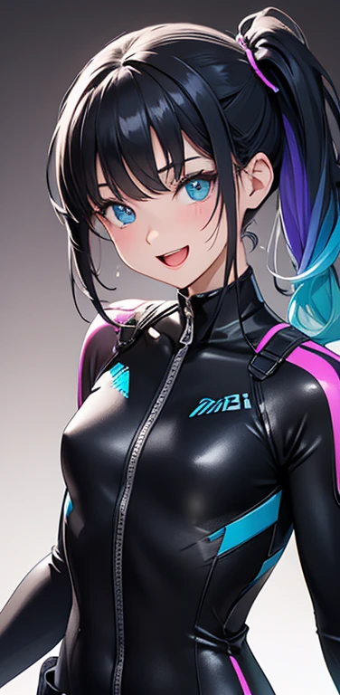 Realistic、1girl、black hair、(side ponytail),aqua eyes、open stance,(middle hair),(eye focus:1.3,upper body),(gradient eyes:1.3),(body suit:1.3
)、(Open mouth happy smile:1.3),cute face、,(tareme:1.3),(small breasts:1.3),(pop of color background:1.5)
