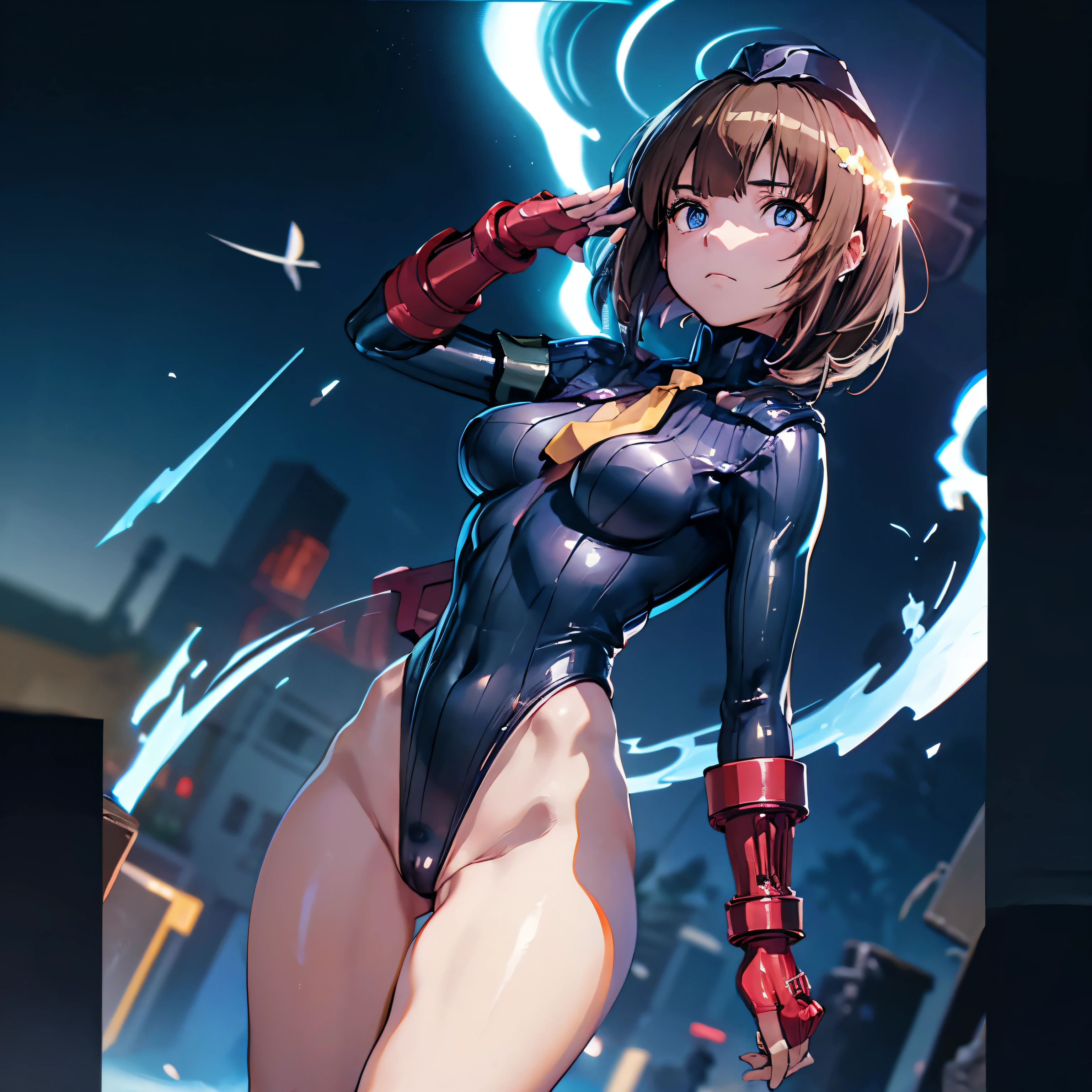 ultra-detailed, Explicit, Beautiful body, Beautiful Nose, Beautiful character design, perfect eyes, perfect face, ultra highres, 4K, beautiful legs, perfect legs, Nice hands, Perfect hand, Masterpiece, Best Quality, Highly detailed, illustration, absurdres, perfect anatomy, street fighter, doll suit, shadaloo doll, dollsuit, expressionless, blank eyes, looking at viewer, red gloves, emotionless, black latex, corruption, mind control, female combatant, full body, hypnotized, unhappy trance, full body suit, ribbed bodysuit, both arms at side, obey, perfect female body, extremely glossy latex, hypnosis, hypnoLora, empty eyes, Mind control device, poses, submissive_pose, Slave, standing straight, standing, standing at attention, hat, necktie, belt, latex, ribbed bodysuit, thigh Highs, garter belt, Fighting Stance, extending the right arm from the shoulder into the air with a straightened hand, military, thigh boots, black pantyhose, (((pixel-perfect, detail-perfect))), solo, 1girl, hair ornaments, short hair, brown hair, short brown hair, blue eye, golden eye, Kozue Hiiragi, Heaven Burns Red, medium breast, Heterochromia, salute, saluting, military saluting