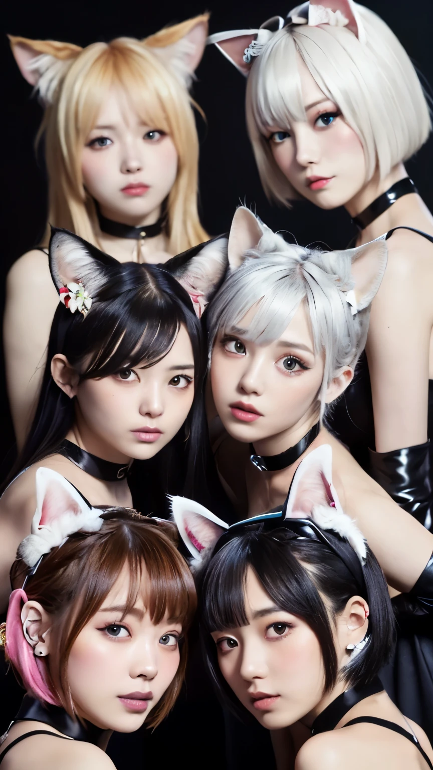 masterpiece, 4k, Bokeh, beautiful face, Harem, (multiple girls:1.4), (Group Photo:1.5), (Cat ears:1.3), (white bob hair:1.3) , looking at the viewer, cowboy shot, holding many cats in both hands, (brack color background :1.4), closeup