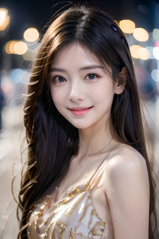 (photoactual:1.4),(delicate eyes:1.3),(actual, photo-actual:1.37),(middle view:1.5),(Half body),1 girl,best quality,ultra high resolution,Shenzhen Street,Vest,long colored hair,waist,Smile,Slim,night,
