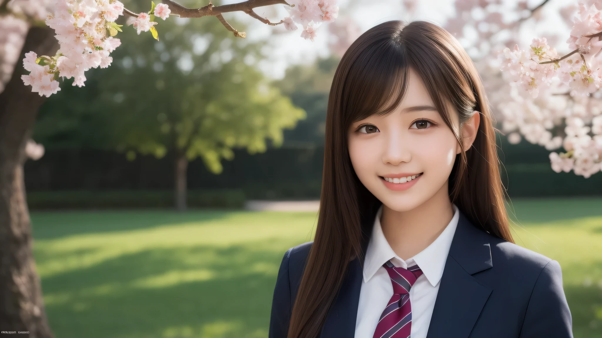 1girl, (long hair), cute smile, brown eyes, (highly detailed Beautiful face), (high school uniform:1.2), (Best Quality), (extremely detailed CG unified 8k wallpaper), Highly detailed, High-definition raw color photos, Professional Photography, Realistic portrait, evening, Extremely high resolution, smiling, cherry blossoms,