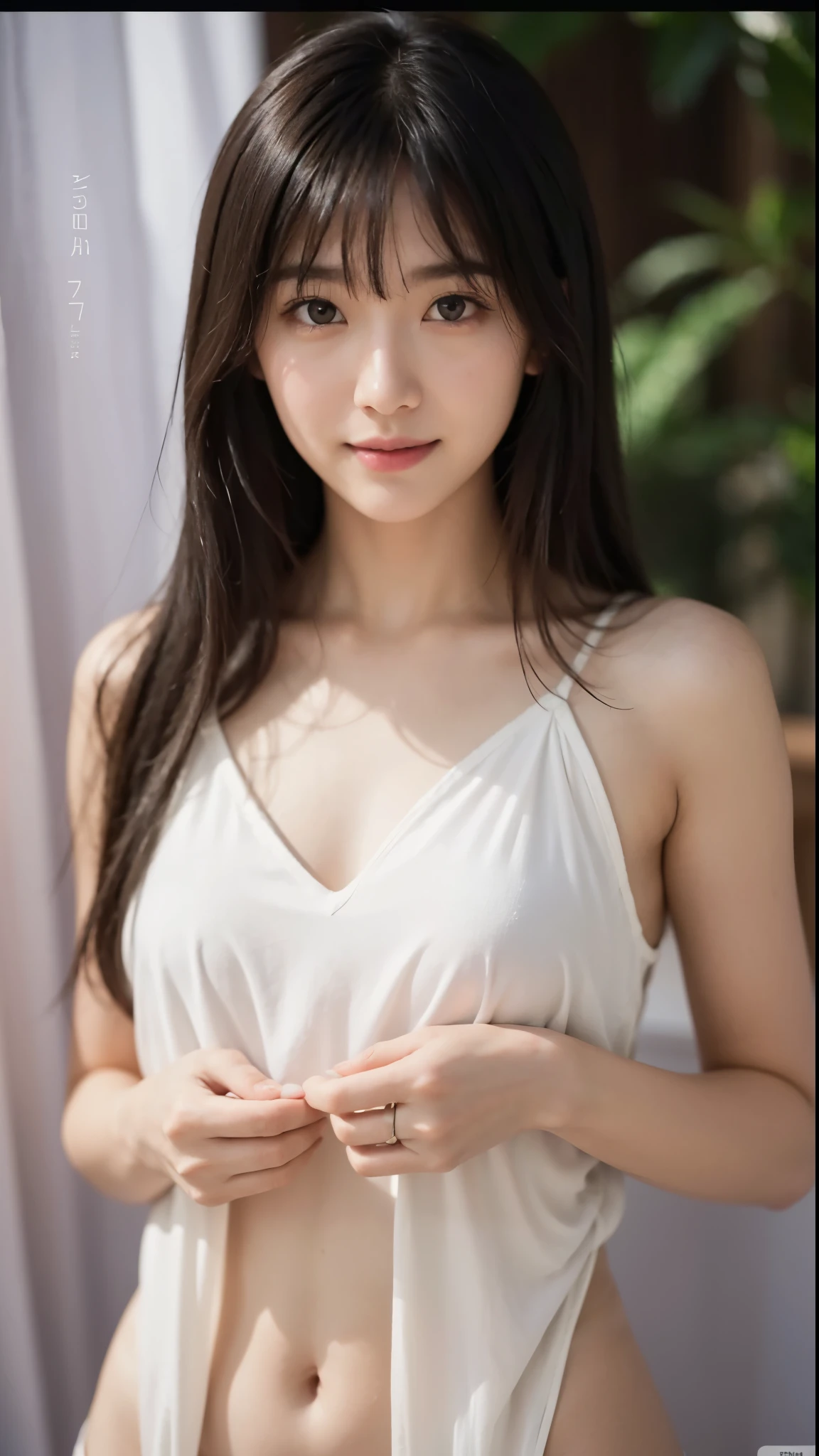 8k Uhd, Dslr,Film Grain, Fujifilm XT3,(Best Quality:1.3), (Masterpiece:1.1), High Resolution, Cinematic Light, Intricate Details, (Photorealistic) ((DRAMATIC LIGHT)), cute japanese Girl wear white tanktop, look at the audience, (SENSUAL EXPRESSION), no Makeup, FAIR & RADIANT body & face, LONG HAIR WITH BANGS, CUTE Expressive, SERENE radiant skin, cute gestures, model pose, smile, Detail Face ((full body))