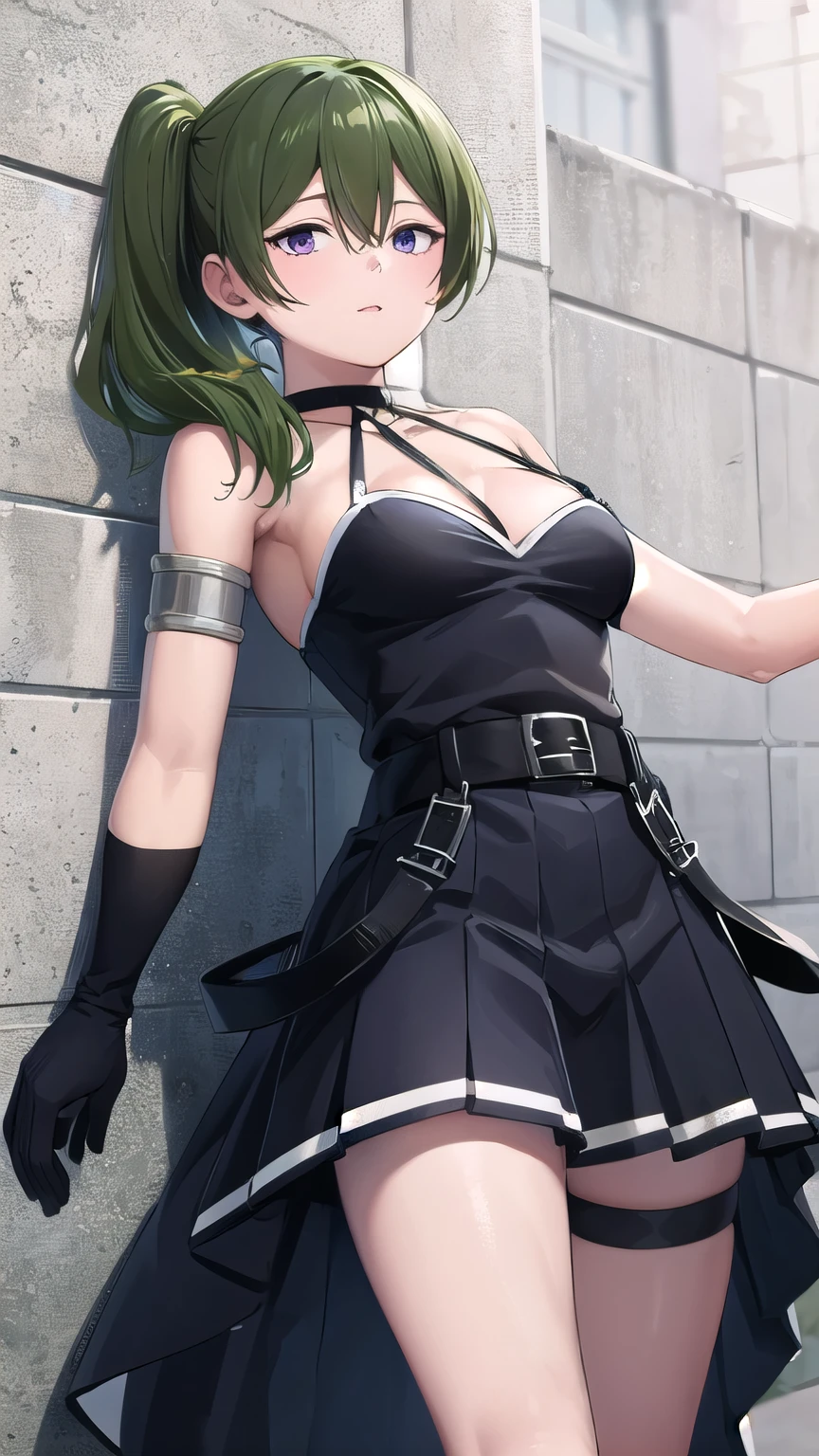 masterpiece, best quality,(detailed), ubel, long hair, side ponytail,
black dress, cleavage, belt, arm strap, single elbow glove, thigh strap,