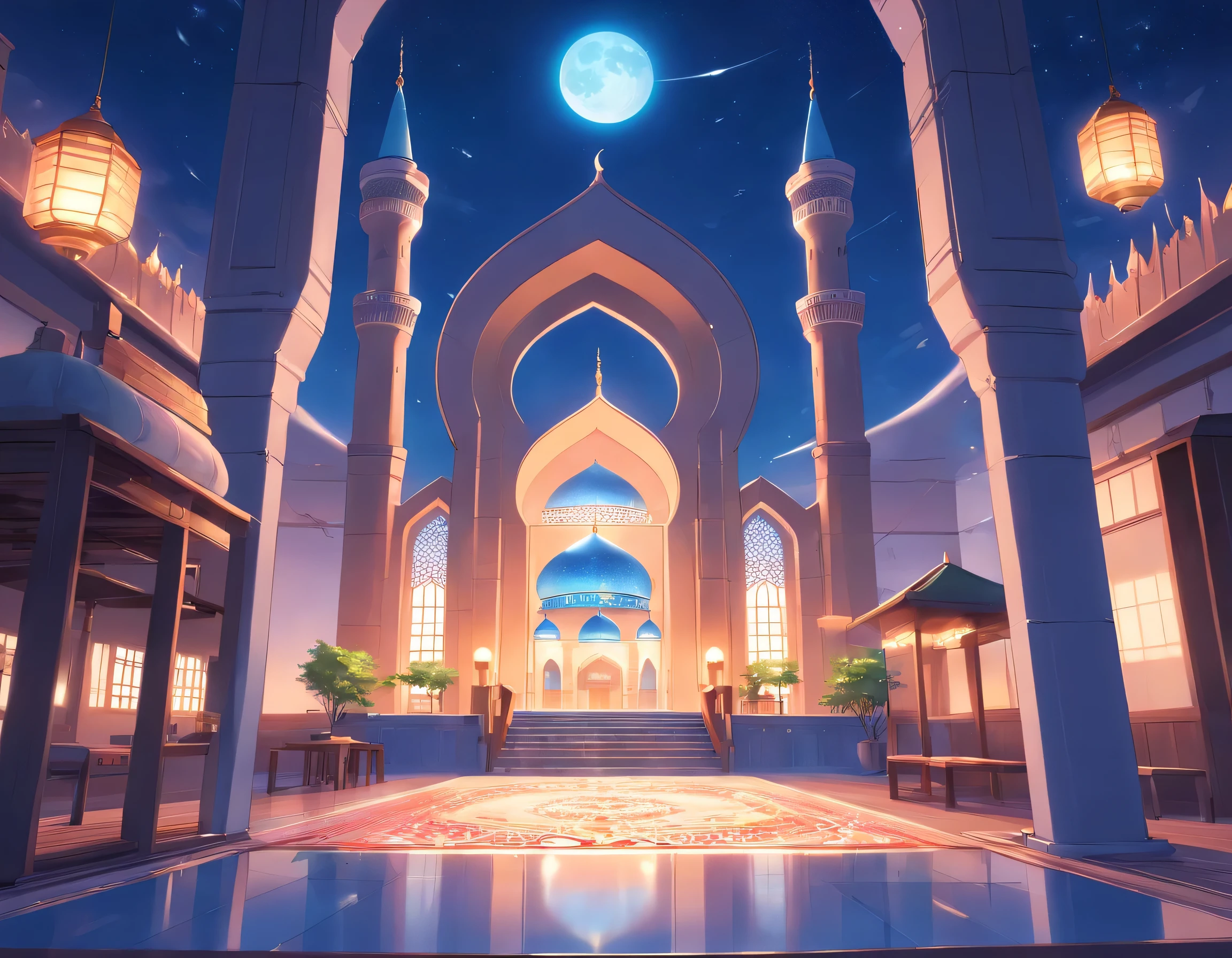 background with themes of Ramadan, mosque, bright moon, peaceful vibes