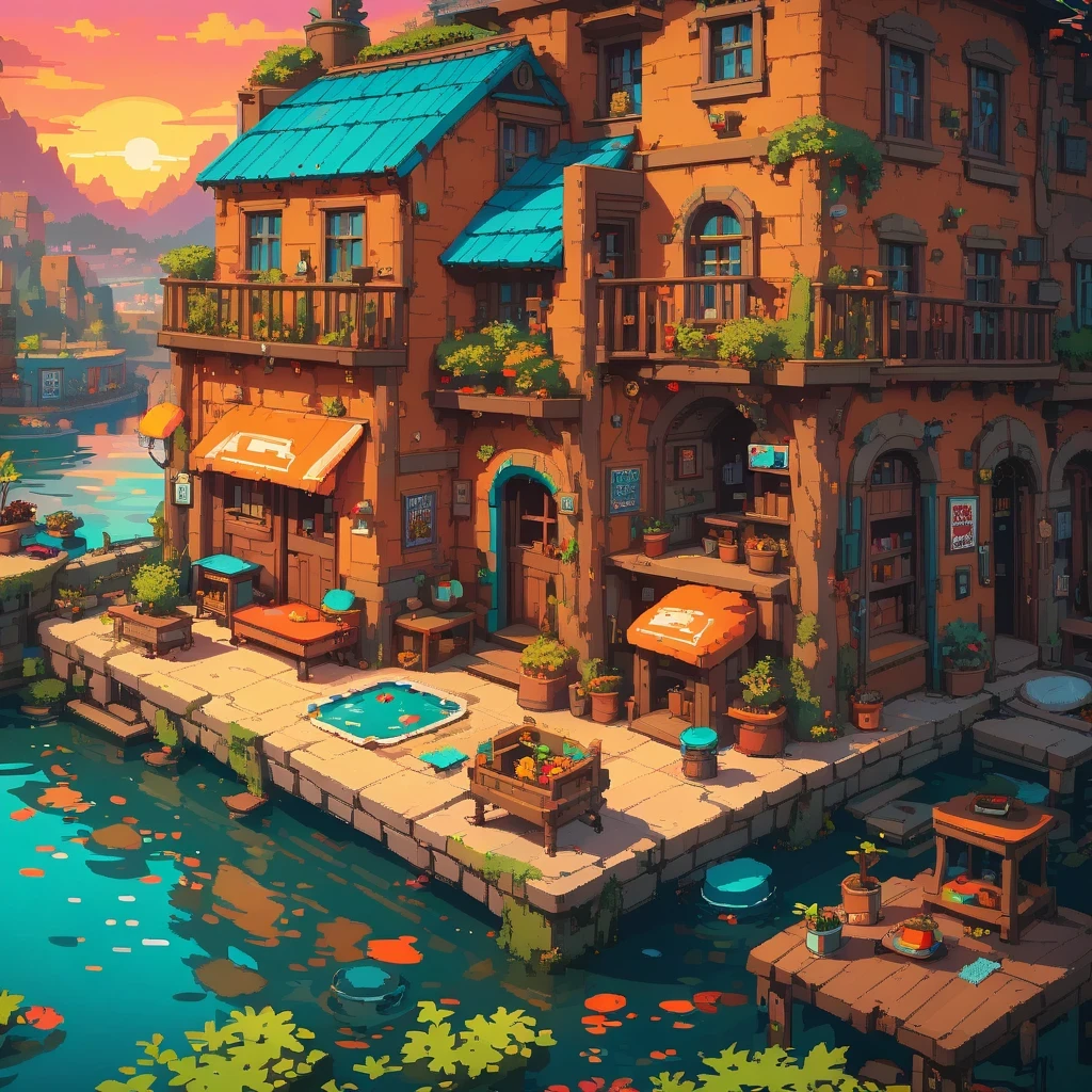 PixelArt,ultra-detailed,vivid colors,sunset lighting,masterpiece:1.2,medium,detailed pixelated characters,dynamic backgrounds,colorful landscapes,retro gaming,80s vibes,lively cityscape,varied architectural styles,neon signs,reflection effects,flawless pixelation,meticulously crafted sprites,smooth animations,immersive storytelling,endless possibilities