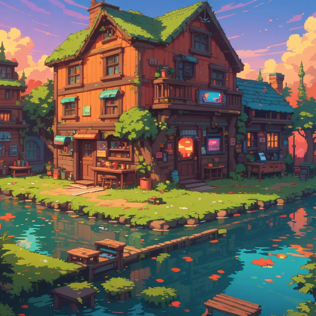 PixelArt,ultra-detailed,vivid colors,sunset lighting,masterpiece:1.2,medium,detailed pixelated characters,dynamic backgrounds,colorful landscapes,retro gaming,80s vibes,lively cityscape,varied architectural styles,neon signs,reflection effects,flawless pixelation,meticulously crafted sprites,smooth animations,immersive storytelling,endless possibilities
