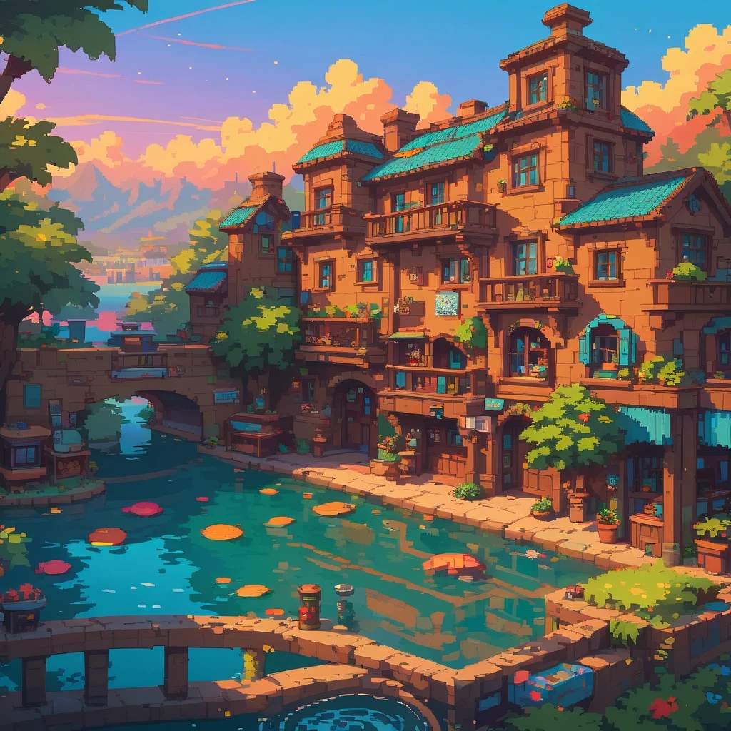 PixelArt,ultra-detailed,vivid colors,sunset lighting,masterpiece:1.2,medium,detailed pixelated characters,dynamic backgrounds,colorful landscapes,retro gaming,80s vibes,lively cityscape,varied architectural styles,neon signs,reflection effects,flawless pixelation,meticulously crafted sprites,smooth animations,immersive storytelling,endless possibilities