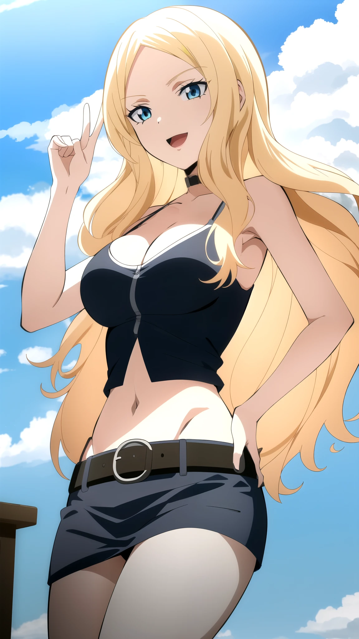 ultra high res, masterpiece, 1girl, IrinaJelaviÄR4, blonde hair, blue eyes,  belt, belt_buckle, , blue sky, , buckle, choker, cleavage, cloud, cloudy sky, condensation trail, day, long_hair, navel, open_mouth, outdoors, sky, smile, solo