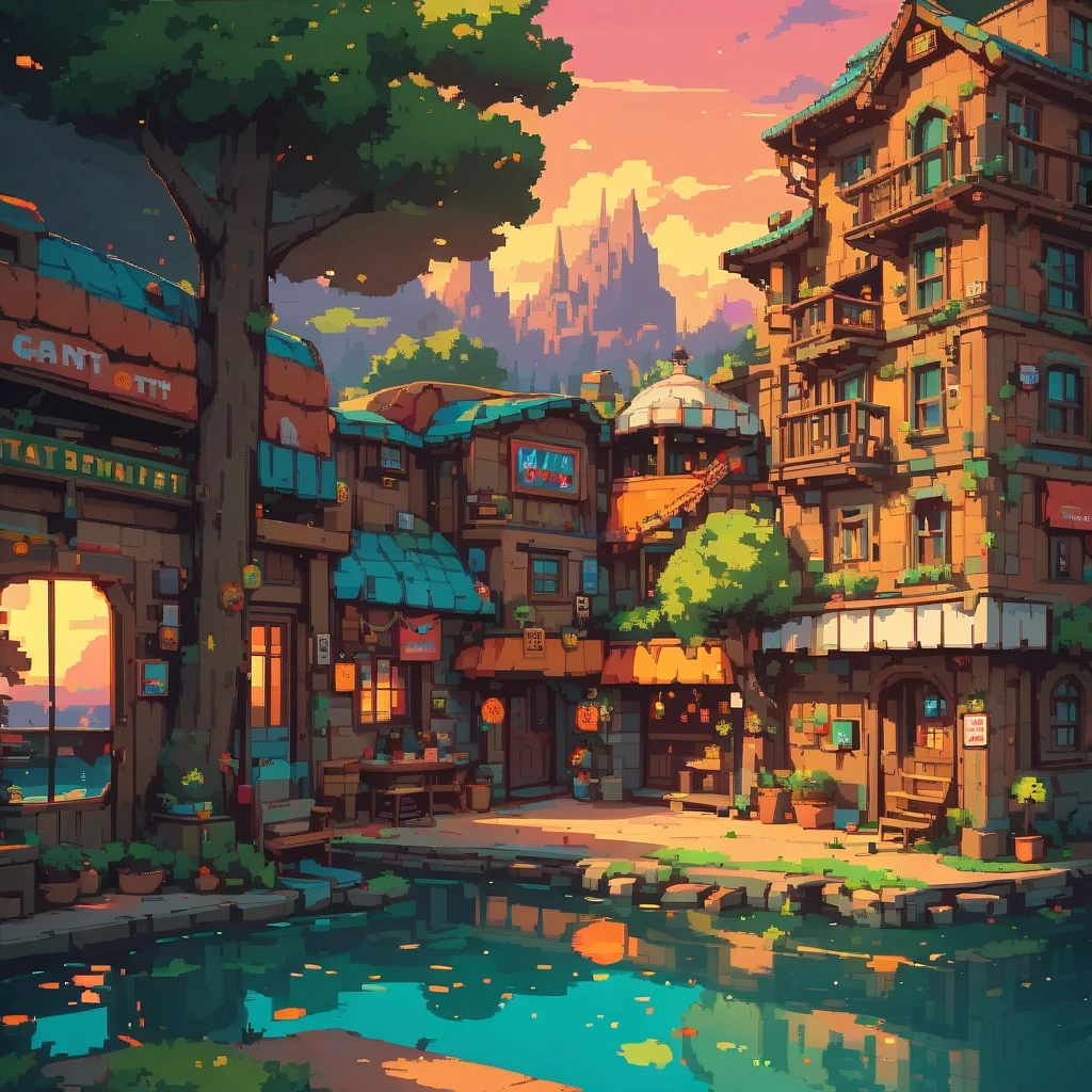 ultra-detailed,vivid colors,sunset lighting,masterpiece:1.2,medium,detailed pixelated characters,dynamic backgrounds,colorful landscapes,retro gaming,80s vibes,lively cityscape,varied architectural styles,neon signs,reflection effects,flawless pixelation,meticulously crafted sprites,smooth animations,immersive storytelling,endless possibilities