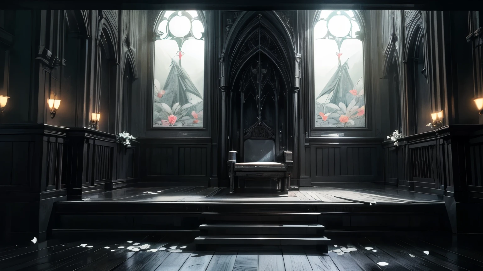 (dark),room,church,flower,western-style,country,night,(best quality,4k,8k,highres,masterpiece:1.2),ultra-detailed,(realistic,photorealistic,photo-realistic:1.37),HDR,UHD,studio lighting,ultra-fine painting,sharp focus,physically-based rendering,extreme detail description,professional,vivid colors,bokeh,portraits,landscape,horror,anime,sci-fi,photography,concept artists,monochrome,soft lighting,moonlight,gothic,illuminated stained glass windows,lonely,withered petals,mystical atmosphere,lonely,enchanted,tranquil,serene,quiet solitude,silhouette of a single figure,elaborate pews,artistic arrangement of flowers,enchanted garden,wooden floor,antique furniture,minimalistic design,labelled wine bottles,peaceful serenity of the countryside,intimate,calm environment,majestic architecture,vibrant bloom