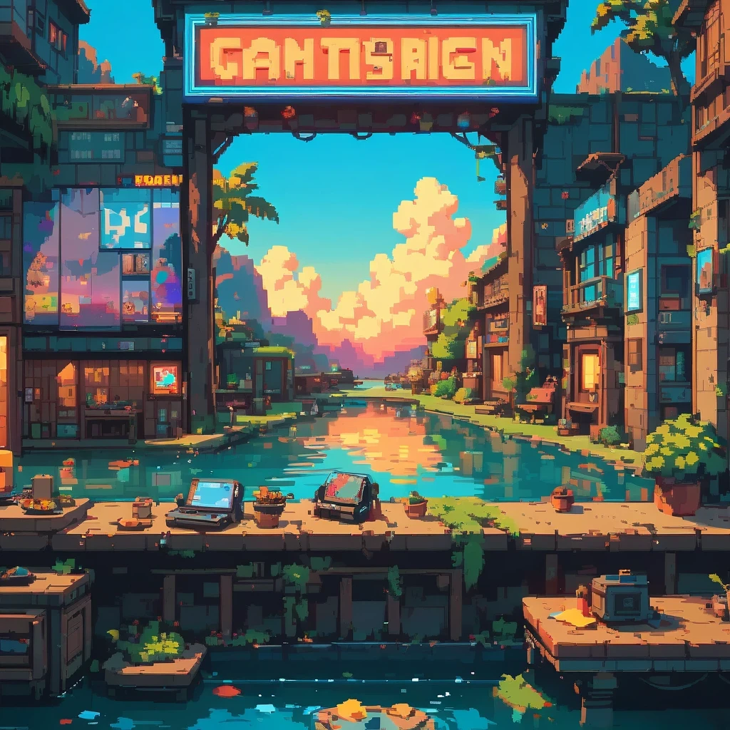 ultra-detailed,vivid colors,sunset lighting,masterpiece:1.2,medium,detailed pixelated characters,dynamic backgrounds,colorful landscapes,retro gaming,80s vibes,lively cityscape,varied architectural styles,neon signs,reflection effects,flawless pixelation,meticulously crafted sprites,smooth animations,immersive storytelling,endless possibilities