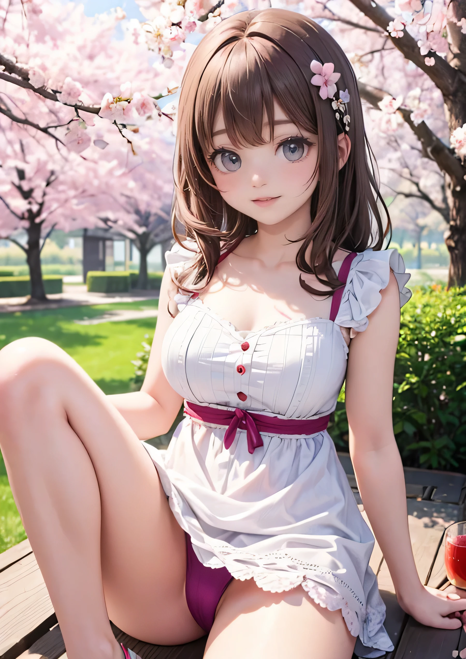 (masterpiece, highest quality, high resolution, Ultra fine, insanely detailed, 8K, High resolution:1.5),(nsfw,panties are visible,Panmoro,man streak,legs open,M-shaped spread legs,sitting:1.1),1 girl,Beautiful girl 1.5,cute,beautiful eyes,big breasts,Sakura in spring, (Bento box on the side,drink on the side ,sweets:1.5),picnic,Early 20s,light brown hair,smile,university student,Casual spring clothes,white floral dress,garden,afternoon,Up from the front,cherry blossoms in the background,anime style,view audience,cowboy shot