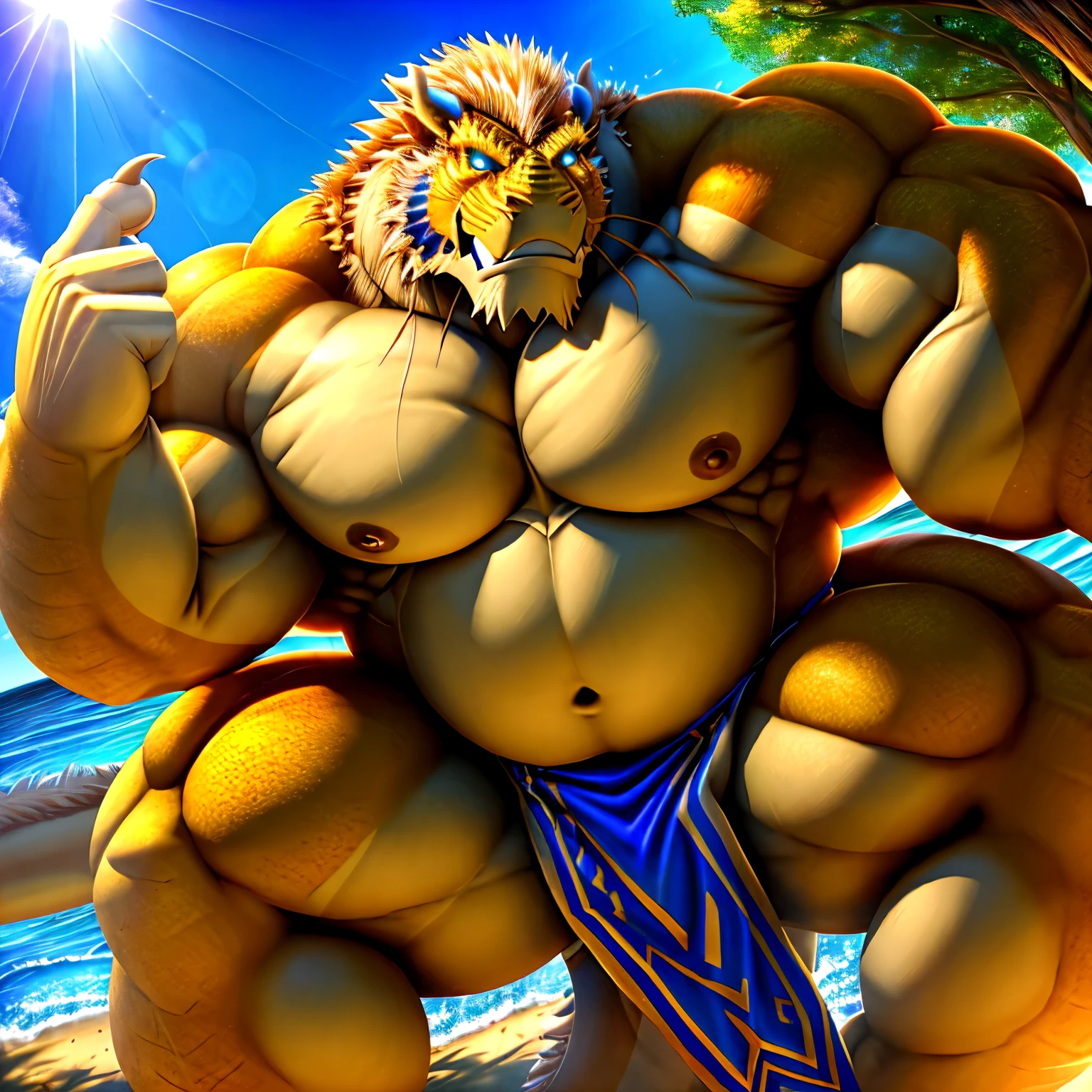 shendu, eastern dragon king, male dragon, eastern dragon, very big muscles, hulking, extremely strong, big abdominal muscles, hefty musclegut, pecs, muscular dad body, Strong and robust musclegut , strong abs, sharp claws, dragon feet claw, full body, loincloth, one piece, HDR, nipples, sunlight, daylight, outdoor, bright , sunshine, at noon, fighting pose, good weather,  8k, best quality .