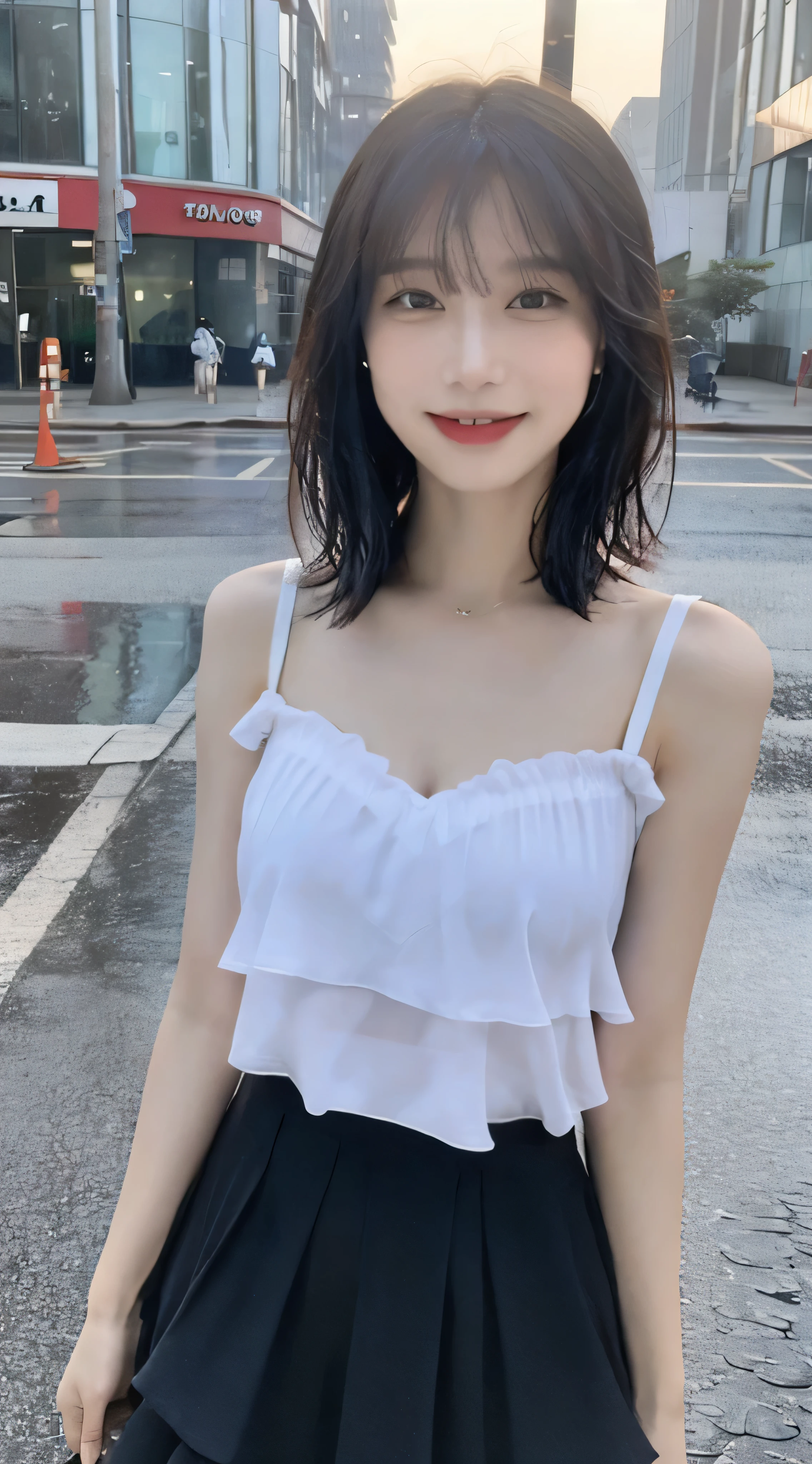 detailed,((best quality, 8K, masterpiece: 1.3)),upper body,dark brown hair, black eye,sharp focus: 1.2, beautiful woman with a perfect body: 1.4, ((Medium Hair, large: 1.2)), (small and beautiful hard (White blouse with lace、darkturquoise Gingham long maxi- skirt), (wet from rain: 1.2), (rain, street: 1.2), wet body: 1.1, Highly detailed face and skin texture, detailed eyes,White skin,,E cup,smile,Financial district of the big city,Skyscraper,White skin,Beautiful face,Modern skyscraper,