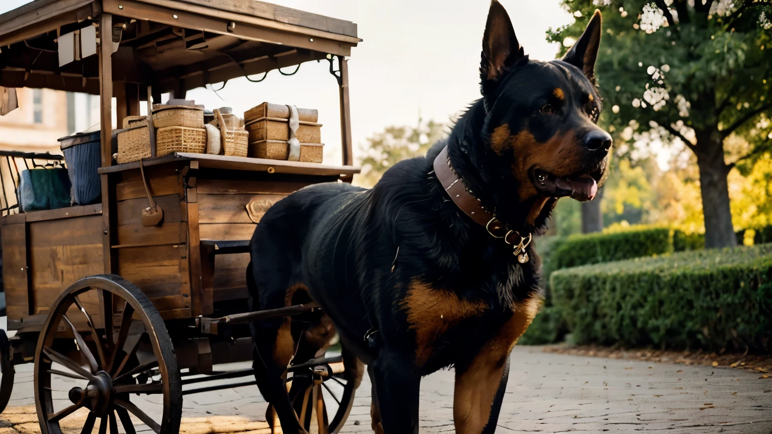 Stable Diffusion prompt: Rottweiler with leash and small bag, alongside a cart in Germany, antique 18th-century appearance

(best quality,4k,8k,highres,masterpiece:1.2),ultra-detailed,(realistic,photorealistic,photo-realistic:1.37),HDR,UHD,studio lighting,ultra-fine painting,sharp focus,physically-based rendering,extreme detail description,professional,vivid colors,bokeh,portraits,landscape

Description: A Rottweiler, with a sturdy build and powerful presence, is shown in an antique 18th-century setting in Germany. The dog is proudly carrying a small bag attached to its leather leash. The Rottweiler is depicted with beautiful and expressive eyes, showcasing its loyalty and intelligence. It has a well-defined and muscular body, with a shiny coat that highlights its strength. The dog's appearance is regal, exuding confidence and elegance.

The scene is set alongside a traditional wooden cart, adding to the historical ambiance. The cart is made of rustic wood, weathered by time, and adorned with intricate carvings and ornate details. It symbolizes the connection between the Rottweiler and the cart, as the dog is depicted as a loyal companion, trusted with important tasks. The cart is filled with various goods, representing the bustling trade and commerce of the era.

The image is captured with the highest quality standards, ensuring a visually stunning result. It is detailed and precise, showcasing every intricate feature of the Rottweiler, the bag, and the cart. The lighting is carefully crafted, illuminating the scene with a warm studio glow, highlighting the textures and depth of the elements captured. The colors are vibrant and vivid, creating a visually striking image.

The overall artistic style of the image leans towards portraiture and landscape styles, blending seamlessly to create a captivating composition. The color tone is reminiscent of vintage photography, with sepia and warm hues dominating the scene. The bokeh effect adds a touch of magic to the image, 