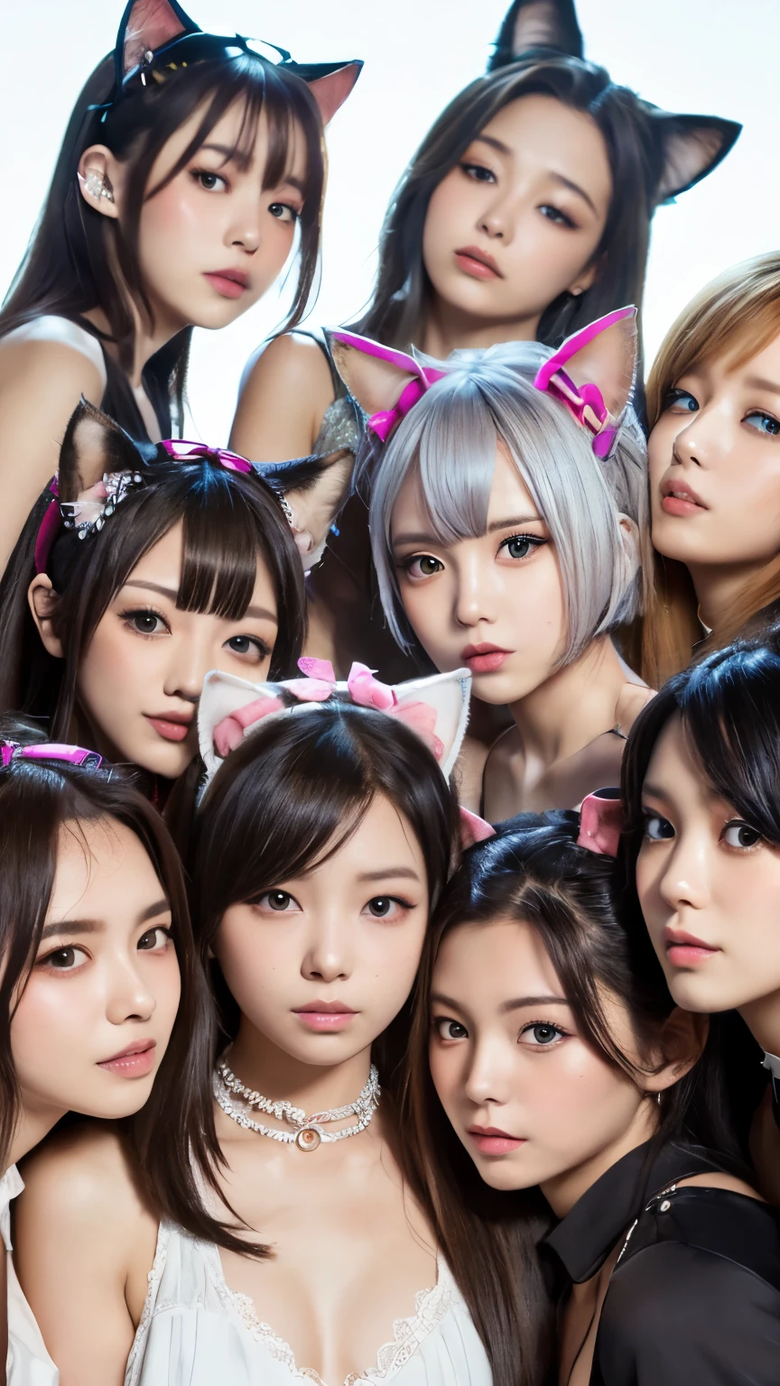 masterpiece, 4k, Bokeh, beautiful face, Harem, (multiple girls:1.4), (Group Photo:1.5), (Cat ears:1.3), (white bob hair:1.3) , looking at the viewer, cowboy shot, holding many cats in both hands, (brack color background :1.4), closeup