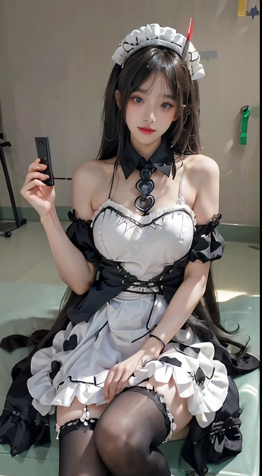 noshiro role play costume, role play,maid,apron,horn,Black thigh high masterpiece, best quality:1.2), 1 girl, alone, ((bare shoulders)), (actual:1.37), ((Lying in prison)), ((bird&#39;s eye view shooting)), Sweet maiden, fair妆容, Exquisite makeup, Extremely fair eyes, long hair, curls, slim, ((big breasts, big breasts, split)), Sexy and slender, The skirt is very short, Exposes a sexy, elegant posture, dynamic posing, best quality, correct, correct的手, correct的腿, 解剖学correct, official art, complicated, detail的脸, detail, lifelike, Very detailed, Astonishing, fair, young and energetic, Charming model, Detailed CG8k wallpaper，