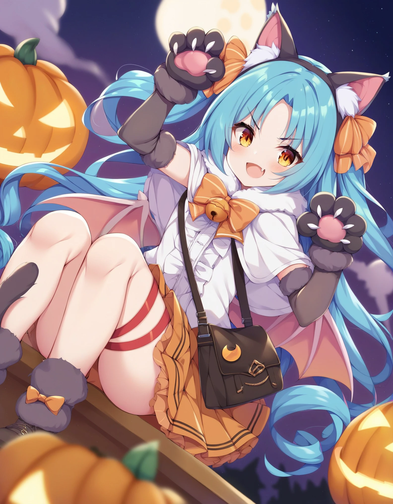 score_9, score_8_up, score_7_up, score_6_up, very aesthetic, source_anime BREAK
1girl, miyako \(princess connect!\), open mouth, fang, moon, animal hands, bat, smile, crescent moon, ghost, paw gloves, two side up, solo, jack-o'-lantern, fake animal ears, :d, fur trim, blue hair, very long hair, looking at viewer, halloween, blush, pleated skirt, white shirt, orange skirt, bandaged leg, brown eyes, night, outdoors, jingle bell, long sleeves, shoulder bag, cloud, animal ear fluff, black hairband, v-shaped eyebrows, night sky, animal, sailor collar, cat ears, fur collar, purple sky, red bow, macaron, shoes, brown hairband, parted bangs, weapon, hair bow, yellow skirt, wolf ears, hair ribbon, forehead, orange bow, neck bell, hands up, brown gloves, claws, starry moon, fur-trimmed sleeves, cloudy sky, paw shoes, orange eyes, feet out of frame, full moon, knees up, grey gloves, arms up, layered skirt, star \(sky\), eyebrows visible through hair, white jacket, fur-trimmed gloves, sitting, halloween costume, pumpkin, brown bow, outstretched arms, depth of field, brown skirt, food, red ribbon, starry sky, striped bow, serafuku, fur-trimmed capelet, headband, handbag, blurry background, white dress, leg ribbon, gradient sky, orange neckwear, dutch angle, crescent, yellow eyes, cat girl, miniskirt, fur-trimmed shirt, puffy short sleeves, tail, claw pose, cat paws, capelet, elbow gloves, animal hood, fur-trimmed skirt, purple background, head tilt, animal bag, black gloves, aqua hair, bare tree, frilled skirt, leg wrap, arm up, ponytail, bowtie, sidelocks, bat \(animal\), red eyes, knees together feet apart