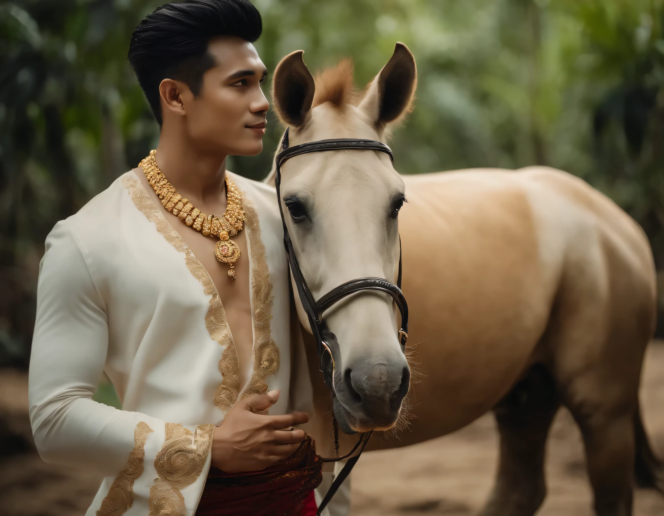 "Kamu memang seperti lempeng bumi, bergeser sedikit saja sudah menggoncang hatiku." 

Prompt : 

create realistic image, A 25 year old Indonesian man with a fit body white skin natural skin, wearing a luxurious gold necklace like a king and a small crown encrusted with red diamonds, on his arm is a bracelet similar to a Majapahit mad elephant, with a firm and dignified pose like a king, fullbody view, eyes to the camera, riding horse, wearing batik trousers, there's splash of dust in horse foot, rainforest clear background