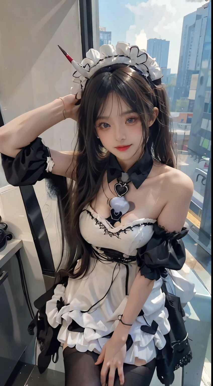 noshiro role play costume, role play,maid,apron,horn,Black thigh high masterpiece, best quality:1.2), 1 girl, alone, ((bare shoulders)), (actual:1.37), ((Lying in prison)), ((bird's eye view shooting)), Sweet maiden, fair妆容, Exquisite makeup, Extremely fair eyes, long hair, curls, slim, ((big breasts, big breasts, split)), Sexy and slender, The skirt is very short, Exposes a sexy, elegant posture, dynamic posing, best quality, correct, correct的手, correct的腿, 解剖学correct, official art, complicated, detail的脸, detail, lifelike, Very detailed, Astonishing, fair, young and energetic, Charming model, Detailed CG8k wallpaper,