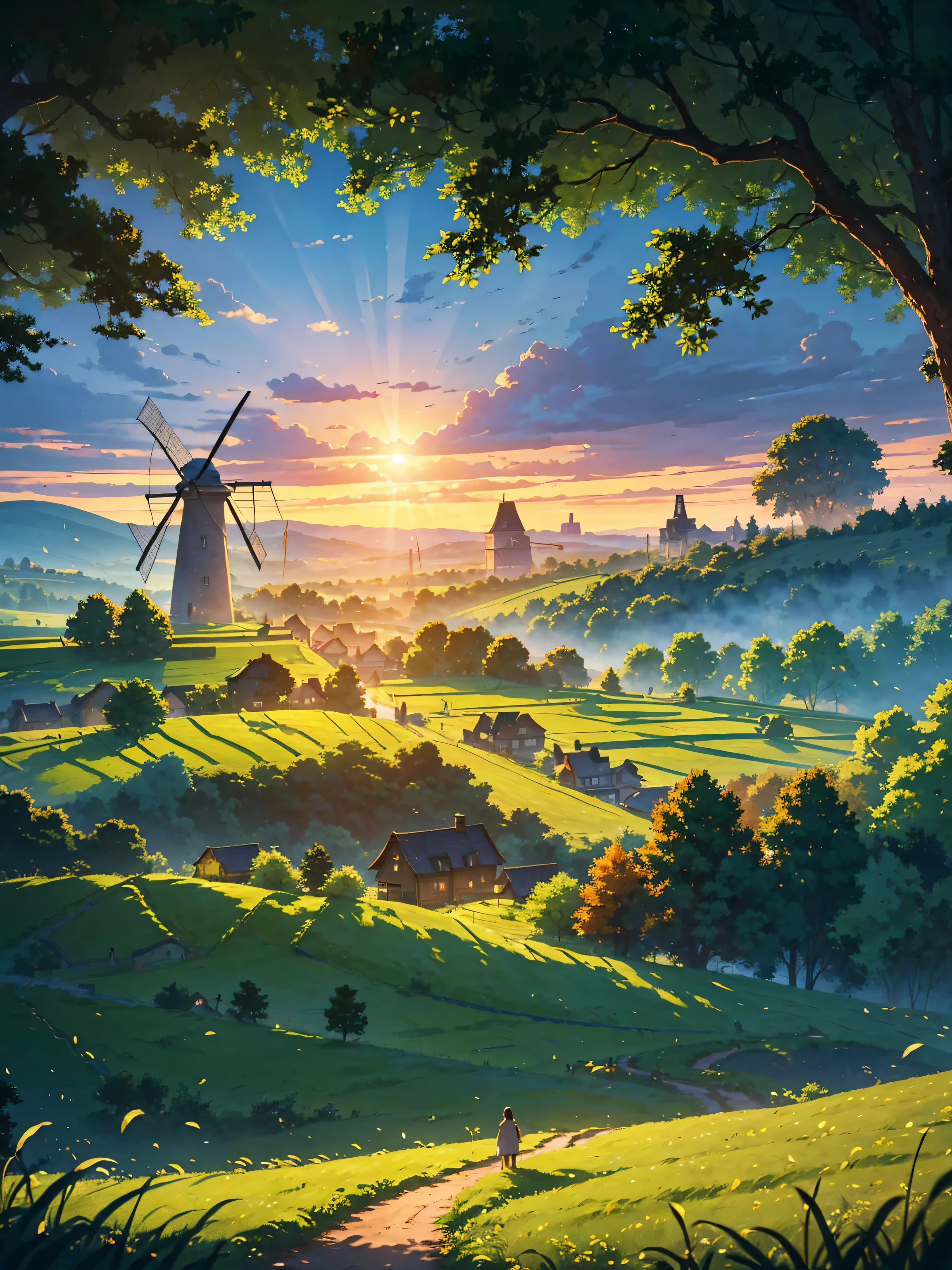 In the middle ages, a breathtaking landscape unfolds before your eyes. The scene is set in a vast wheat field that stretches as far as the eye can see. The golden wheat sways gently in the breeze, creating a mesmerizing dance of movement. In the distance, a majestic windmill stands tall and proud, its sails gracefully turning in response to the wind. Surrounding the windmill are quaint village houses, nestled amongst the fields. These charming dwellings are made of stone and wood, exuding a rustic charm that transports you to a simpler time. A winding rock path leads through the village, inviting you to explore its hidden charms and secrets. The sun shines brightly, casting a warm glow over the scene. Fluffy white clouds dot the sky, adding depth and character to the landscape. The rolling hills in the distance create a sense of tranquility and serenity, as if time stands still in this idyllic countryside. A dense forest borders the village, with tall, majestic trees creating a natural canopy overhead. The lush green grass beneath your feet feels soft and inviting, urging you to take a leisurely stroll through nature. As you wander through the village, you come across a wooden cart filled with freshly harvested produce. The vibrant colors of the fruits and vegetables contrast against the earthy tones of the landscape, adding a burst of life to the scene. This picturesque view is nothing short of a masterpiece, capturing the essence of the middle ages in all its glory. The attention to detail and the ultra-detailed rendering of the elements make the image come alive, transporting you to a bygone era. The overall style of the artwork leans towards realism, with vivid colors and sharp focus. The artist has taken care to depict the scene with studio lighting, highlighting the nuances of light and shadows. The resulting image is a feast for the senses, evoking a sense of awe and wonder. The color palette of the artwork is warm and inviting, with earthy tones domin