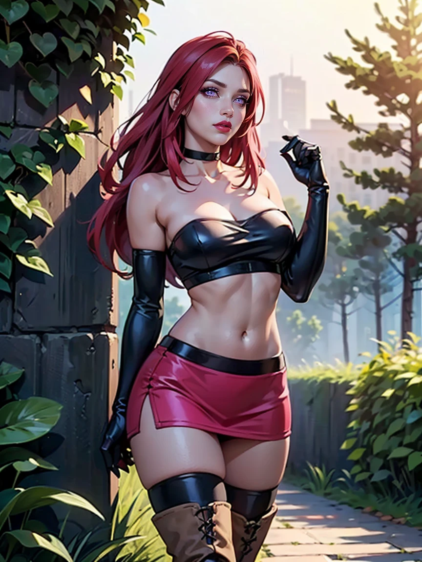 ((solo, 1woman, TakashiroHiroko, dark purple eyes, red hair, long hair, pink lipstick, Extremely detailed, ambient soft lighting, 4k, perfect eyes, a perfect face, perfect lighting, a 1girl)), ((solo, (1woman, pink lipstick), Extremely detailed, ambient soft lighting, 4k, perfect eyes, a perfect face, perfect lighting, a 1girl)), ((detailed, (masterpiece:1.2), gloves, bow, navel, bare shoulders, closed mouth, standing, collarbone, outdoors, shorts, sleeveless, choker, black gloves, midriff, hand up, stomach, bare arms, short shorts, halterneck, black choker, elbow glove, velvet glove, red shorts, strapless dress, bush maze, bush wall, (half thigh, long stocking)), high-heeled boots, high-heeled boots, thigh-high boots, thigh and beige skirt, high boots)