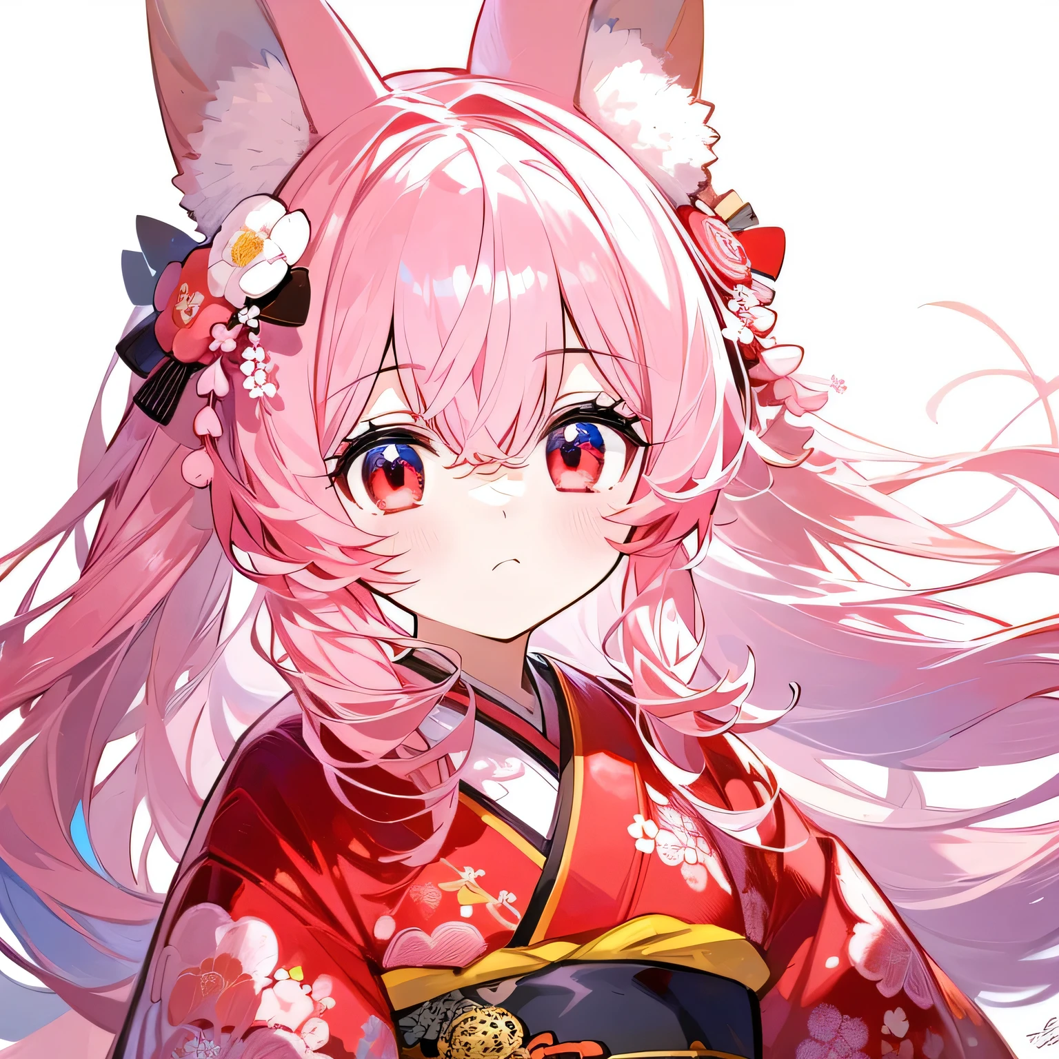 1girl, solo, long hair, looking at viewer, bangs, simple background, hair ornament, red eyes, white background, animal ears, hair between eyes, closed mouth, upper body, pink hair, flower, japanese clothes, signature, hair flower, kimono, rabbit ears, white kimono