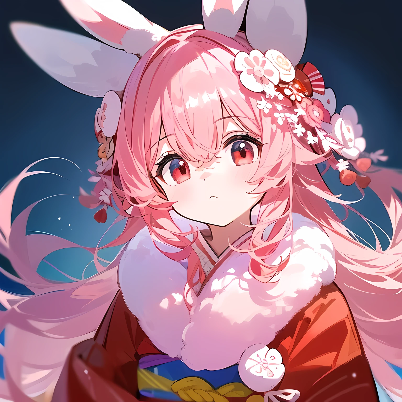 1girl, solo, long hair, looking at viewer, bangs, simple background, hair ornament, red eyes, white background, animal ears, hair between eyes, closed mouth, upper body, pink hair, flower, japanese clothes, signature, hair flower, kimono, rabbit ears, white kimono