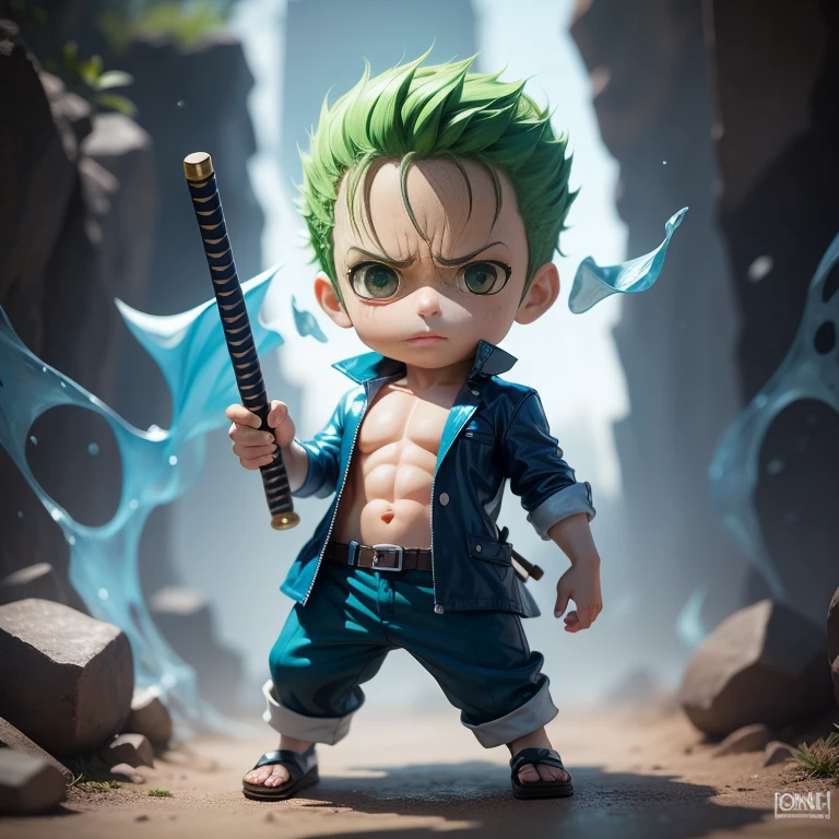 Roronoa Zoro, chibi one piece,Blue Costume、blue awakening,blue aura,