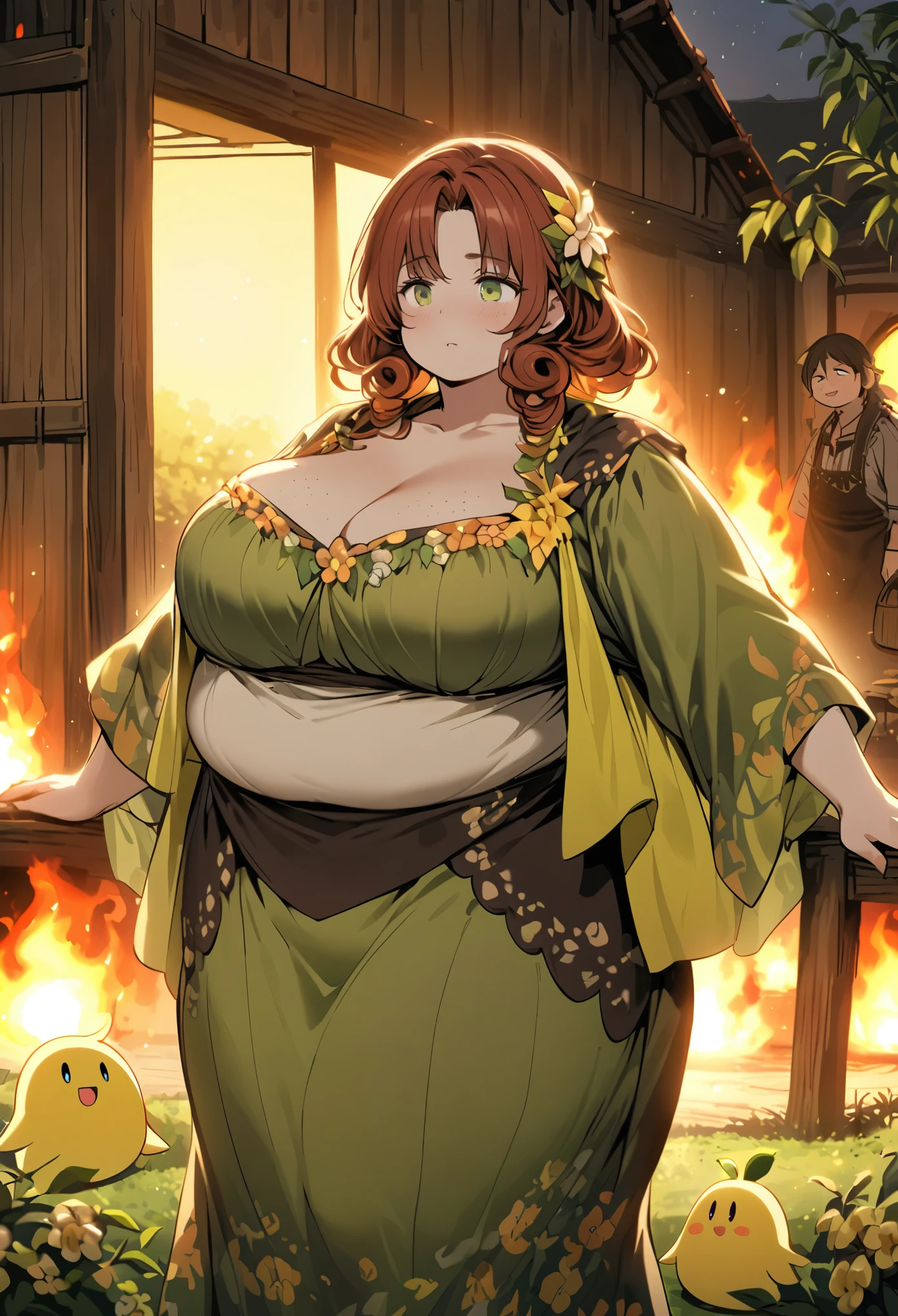 Luma is an elegant person, She is beautiful and has a strong posture., Her breasts are proportionately large, Pear-shaped female silhouette, auburn hair, long auburn hair, She has expressive eyes, ( Only eyes are olive green) her skin is fair,There are some light freckles on the cheekbones, plump, farm, Brown rustic clothes, Bohemian clothes, farm波西米亚风时尚服装, romantic atmosphere, fire light, fire sparkling, Cartoon with half straight and half curly hair in flower clothes