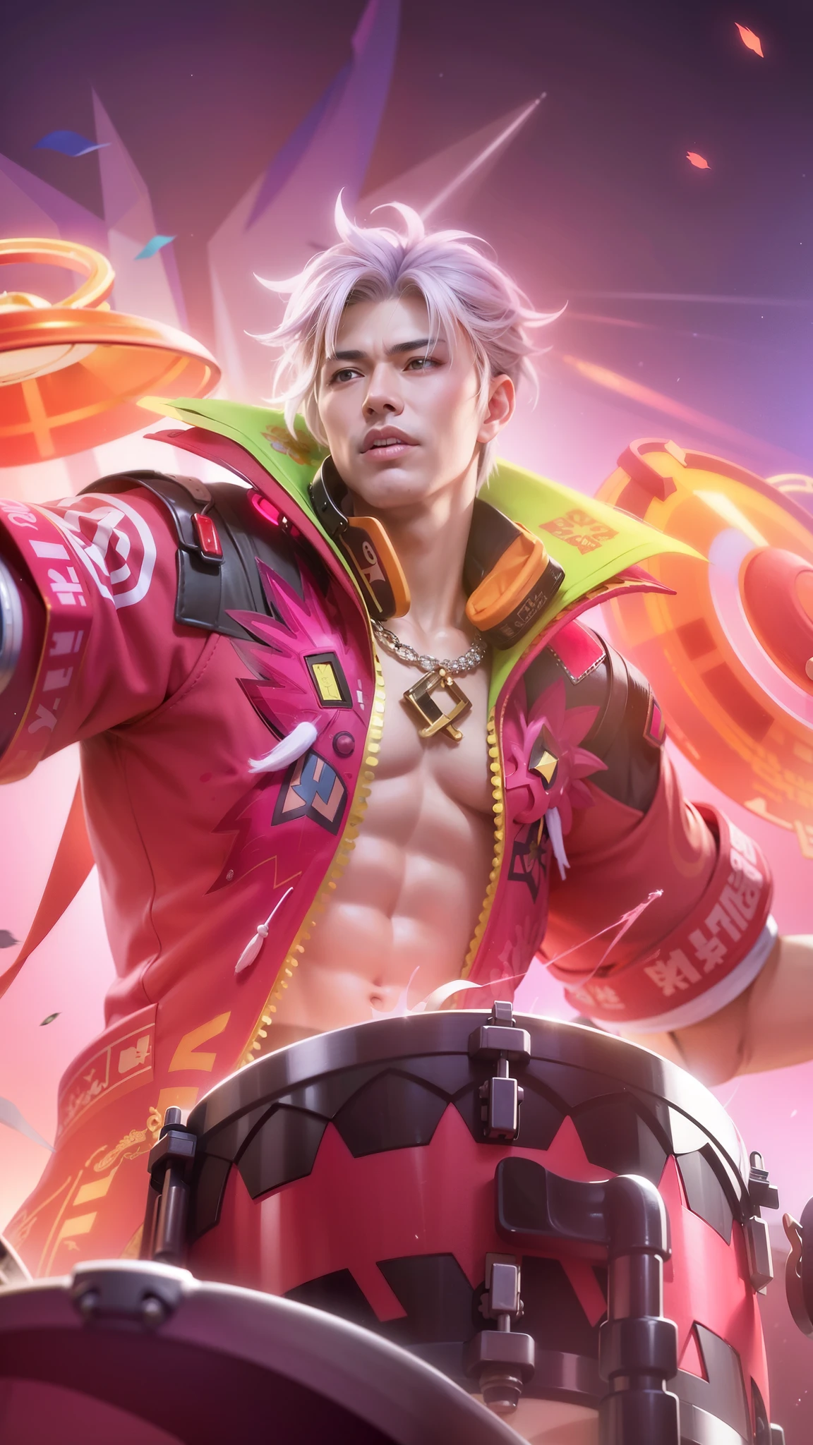 a man with a pink jacket and a drum in his hand, mobile legends, extremely detailed artgerm, sakimichan frank franzzeta, ig model | artgerm, inspired by Huang Shen, zhongli from genshin impact, heise jinyao, inspired by Pu Hua, keqing from genshin impact, rossdraws cartoon vibrant