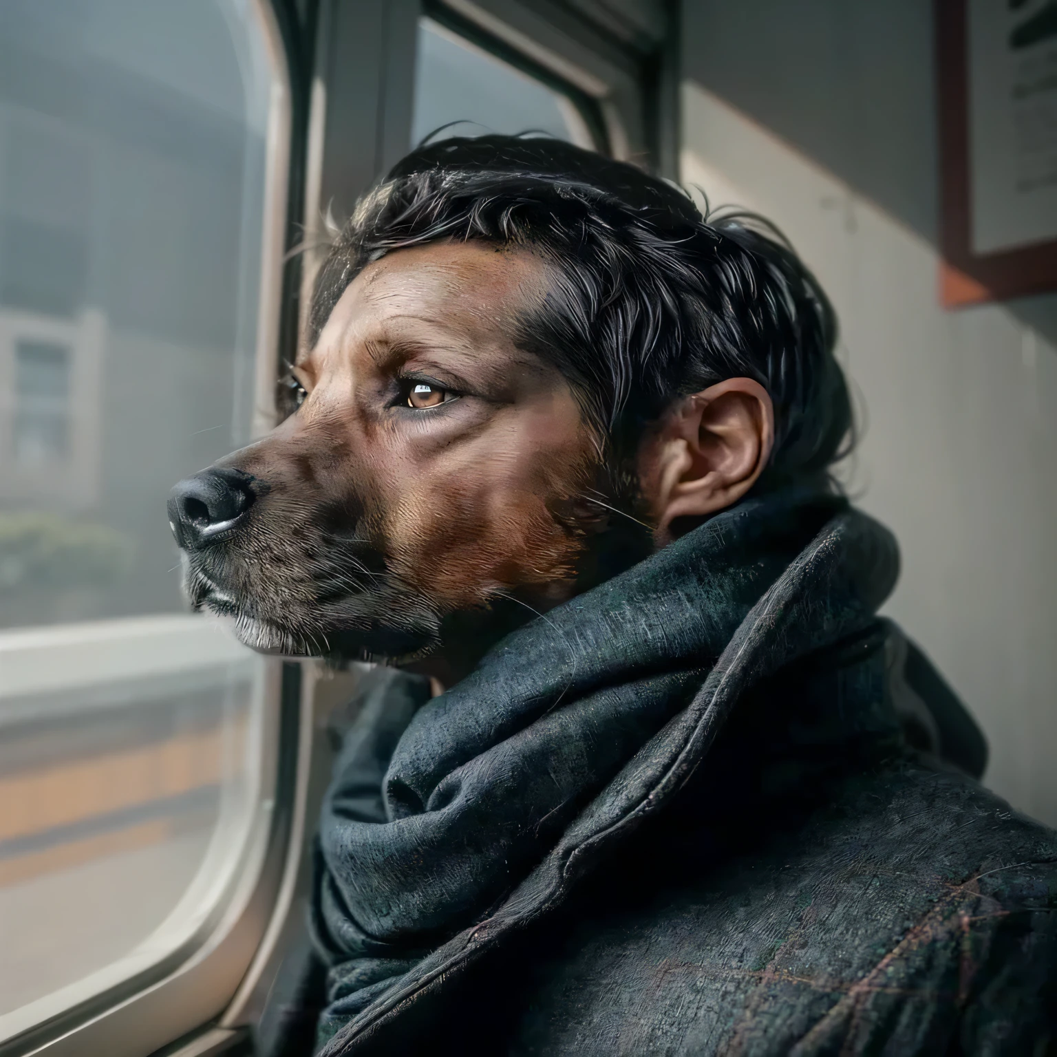 in a train compartment, vibrant and lively, looking out the window with excitement and curiosity