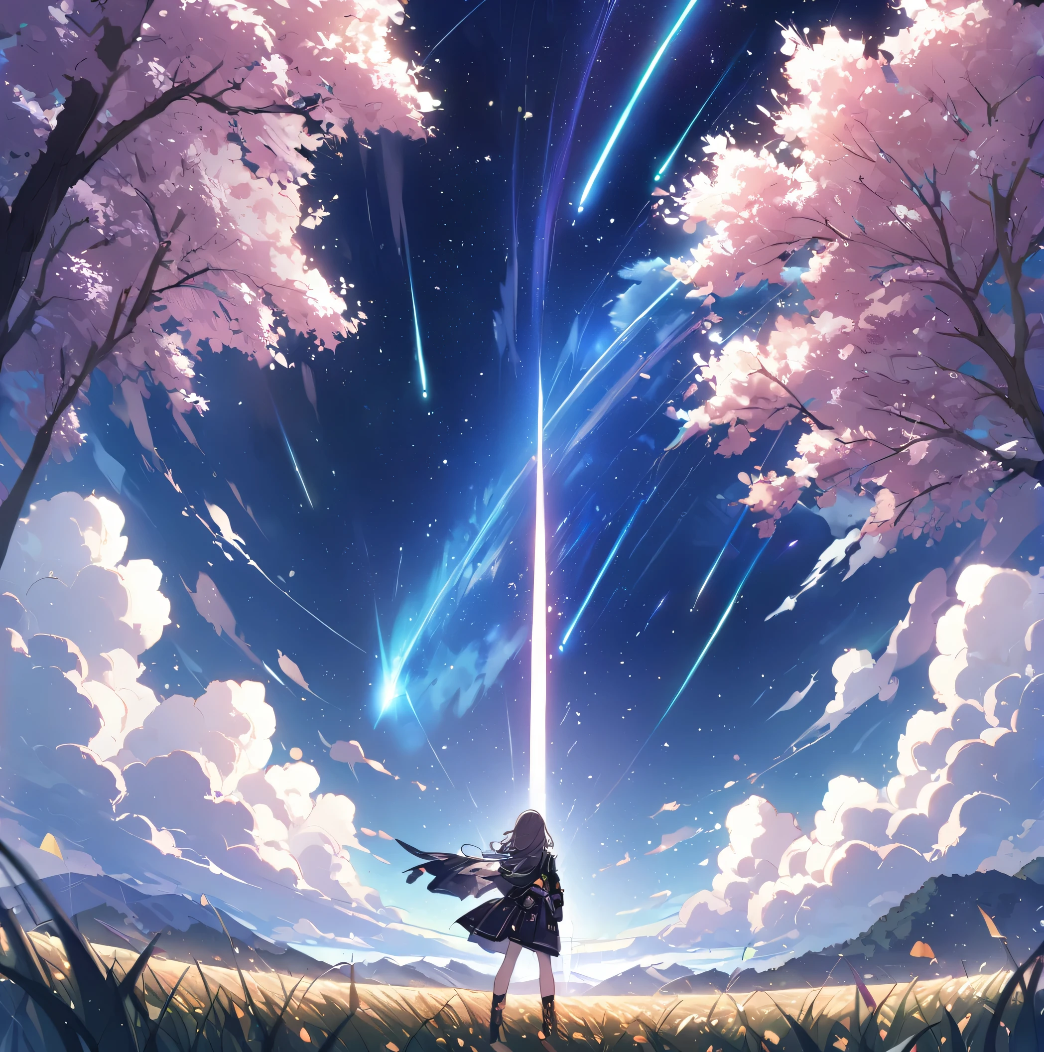1 person、Fighting girl staring at the stars（zoomed out：1.1）、（Meteor swarm：1.2）、（comets：1.1）、yourname、low angles、from the rear、Arrowlaboralis shooting star、military outfits、cherry trees、Highest quality standing in the field、masterwork、​​clouds、colourfull、starrysky、stele、