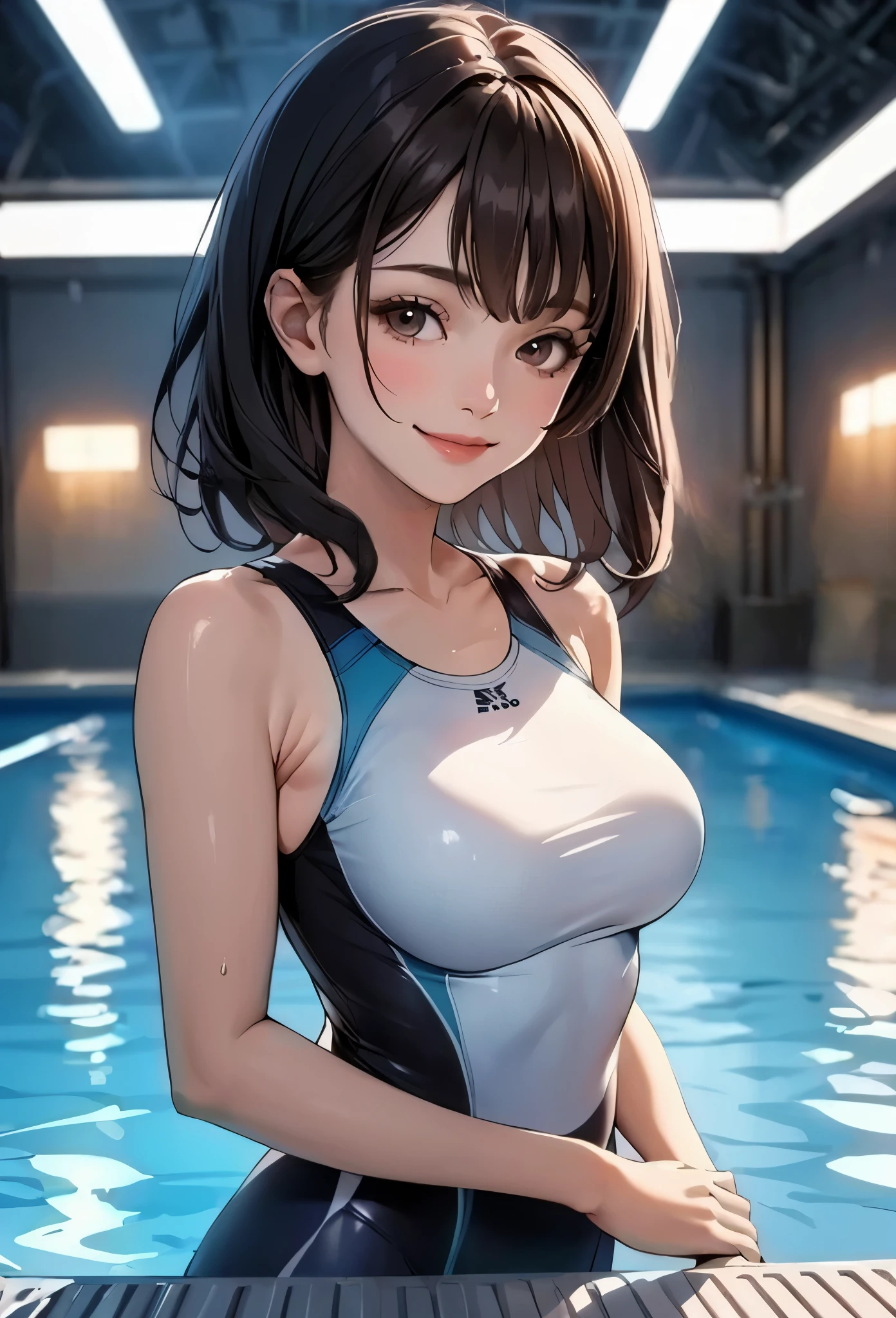 1lady solo, standing on poolside floor, (competition swimsuit:1.2) stylish, mature female, /(dark brown hair/) bangs, kind smile, (masterpiece best quality high resolution 8k), delicate illustration, edge color lighting, pretty face, medium breasts, (muscle:0.8) BREAK (swimming pool) indoors, detailed background