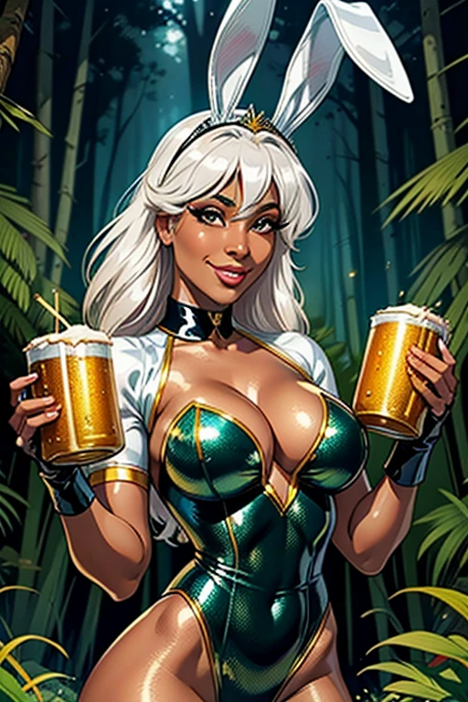 Melhor qualidade, 8k, mulher,black skin, lindo,big eyelashes, looking to observer, little smile, rabbit ears tiara, cleavage,gold leotard over white shiny nylon bodystocking, holding a beer can, florish forest scenario