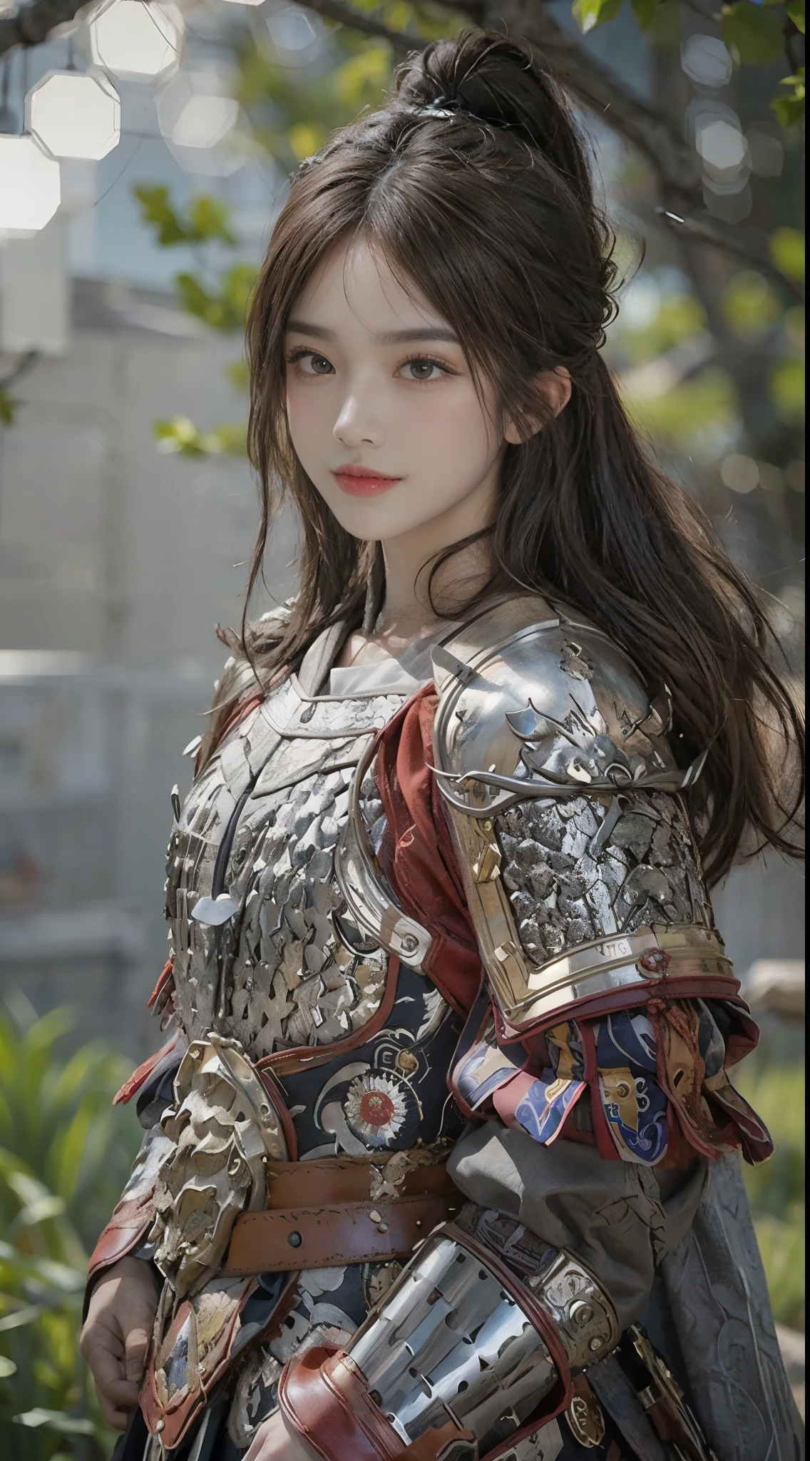 [ : (High detail face:1.2) : 0.1], (PureErosFace v 1:0.8), ((human portrait)), pores, real skin, Headband, flying hair, (gray hair 0.4), headgear, hairpin, Smile, affectionate eyes, Bright Eyes, beautiful scenery, shadow, backlight, Natural light, film particles, zskuijia, Chinese armor, sword, Chinese architecture, grassland, trees, 
