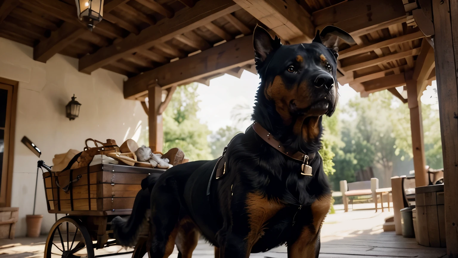 Stable Diffusion prompt: Rottweiler with leash and small bag, alongside a cart in Germany, antique 18th-century appearance

(best quality,4k,8k,highres,masterpiece:1.2),ultra-detailed,(realistic,photorealistic,photo-realistic:1.37),HDR,UHD,studio lighting,ultra-fine painting,sharp focus,physically-based rendering,extreme detail description,professional,vivid colors,bokeh,portraits,landscape

Description: A Rottweiler, with a sturdy build and powerful presence, is shown in an antique 18th-century setting in Germany. The dog is proudly carrying a small bag attached to its leather leash. The Rottweiler is depicted with beautiful and expressive eyes, showcasing its loyalty and intelligence. It has a well-defined and muscular body, with a shiny coat that highlights its strength. The dog's appearance is regal, exuding confidence and elegance.

The scene is set alongside a traditional wooden cart, adding to the historical ambiance. The cart is made of rustic wood, weathered by time, and adorned with intricate carvings and ornate details. It symbolizes the connection between the Rottweiler and the cart, as the dog is depicted as a loyal companion, trusted with important tasks. The cart is filled with various goods, representing the bustling trade and commerce of the era.

The image is captured with the highest quality standards, ensuring a visually stunning result. It is detailed and precise, showcasing every intricate feature of the Rottweiler, the bag, and the cart. The lighting is carefully crafted, illuminating the scene with a warm studio glow, highlighting the textures and depth of the elements captured. The colors are vibrant and vivid, creating a visually striking image.

The overall artistic style of the image leans towards portraiture and landscape styles, blending seamlessly to create a captivating composition. The color tone is reminiscent of vintage photography, with sepia and warm hues dominating the scene. The bokeh effect adds a touch of magic to the image, 