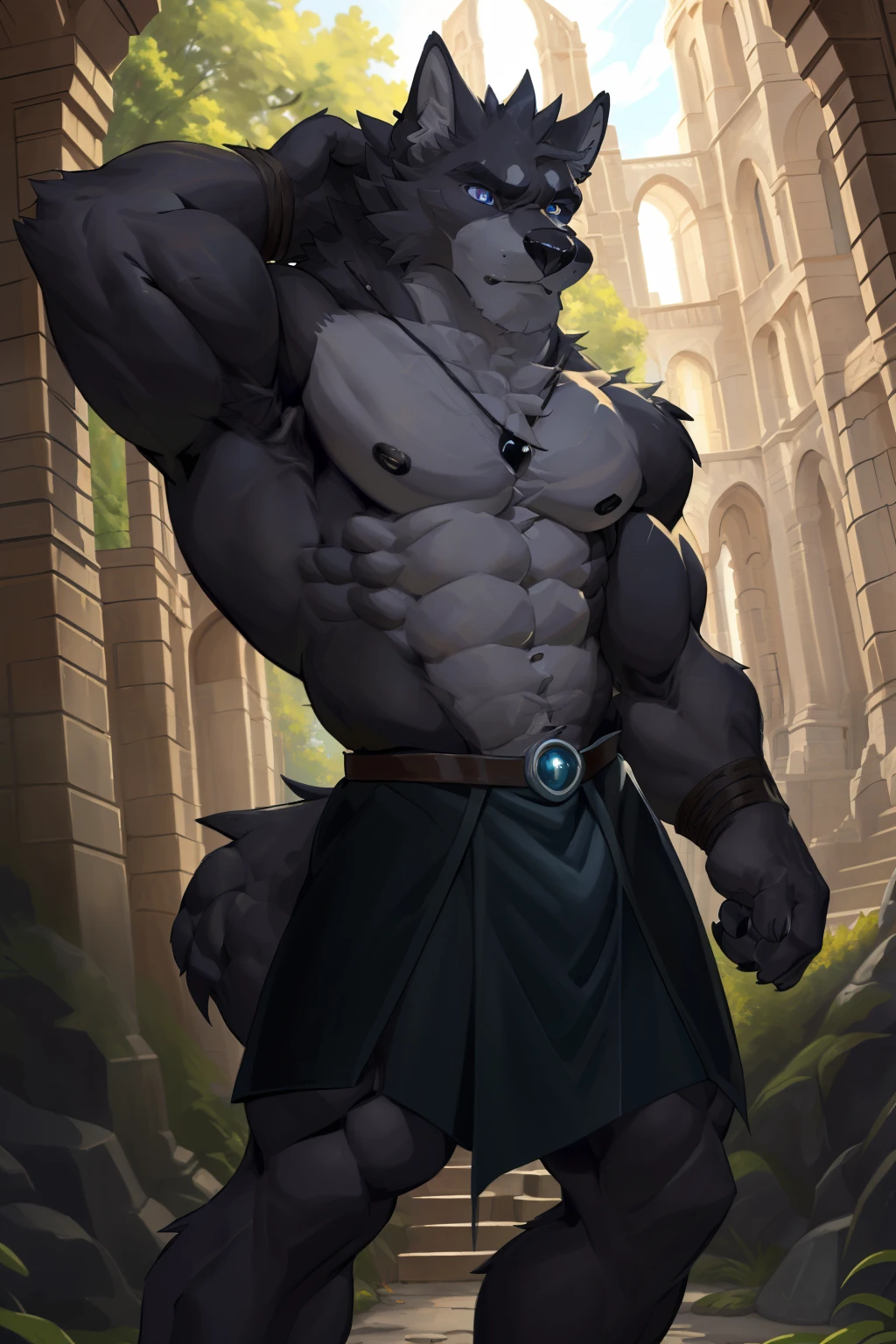 ((Masterpiece)) ((Highres: 1.5)) ((Detailed eyes, Detailed body)) ((Best quality))

A powerful and majestic black wolf stands before you, his piercing blue eyes gleaming with an inner light. Every muscle and vein on his muscular and defined body is visible, each one meticulously rendered to bring out the depth and texture of his form. The high-resolution image captures every intricate detail, from the delicate hairs on his paws to the individual strands of fur covering his body. The masterpiece is a testament to artistic skill and craftsmanship, a perfect blend of realism and surrealism that leaves the viewer in awe